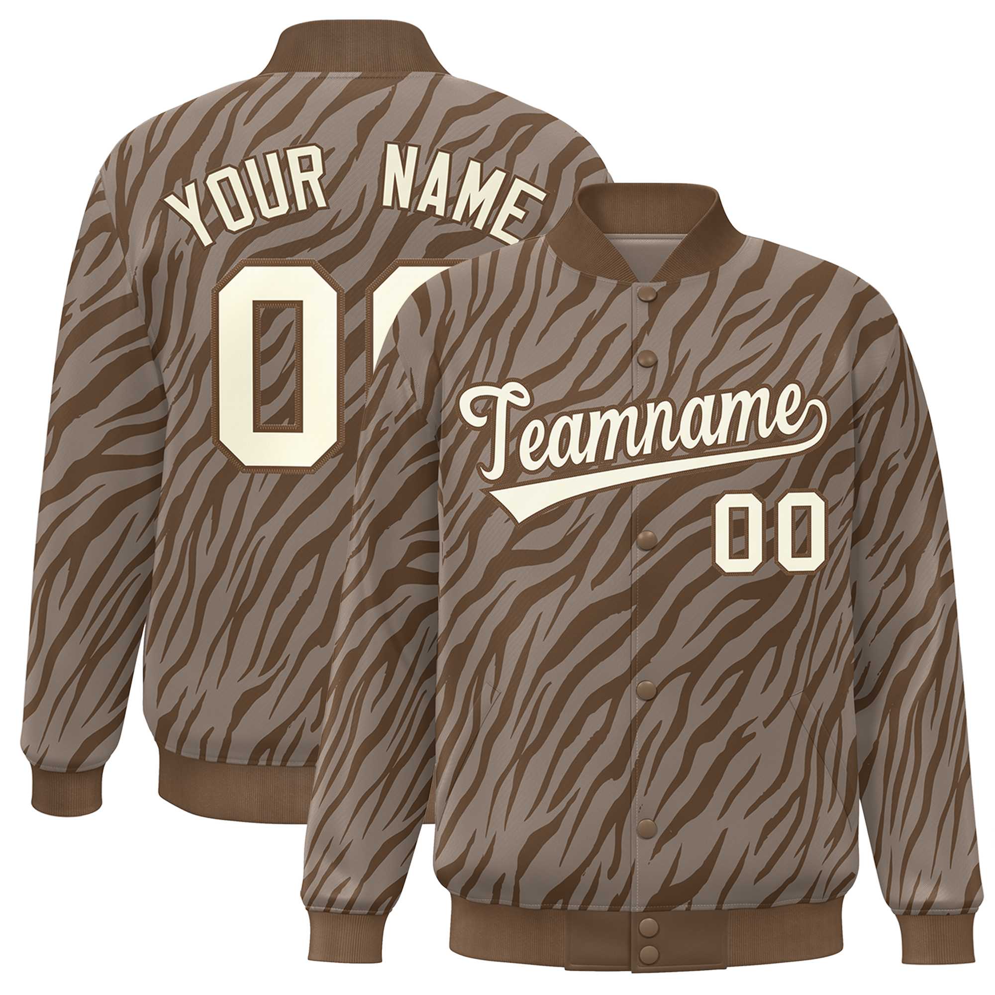 Custom Brown Cream Tiger Stripes Graffiti Pattern Bomber Varsity Jacket