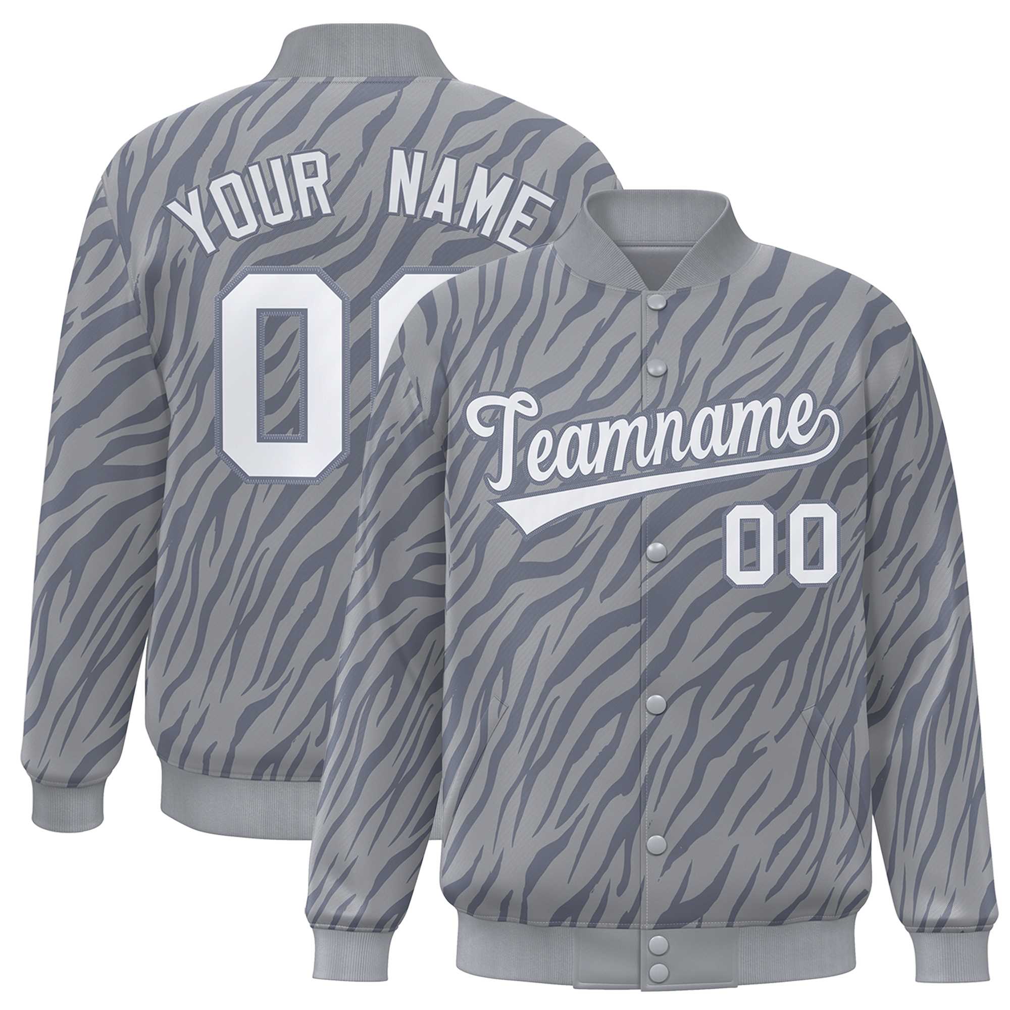 Custom Gray White Tiger Stripes Graffiti Pattern Bomber Varsity Jacket