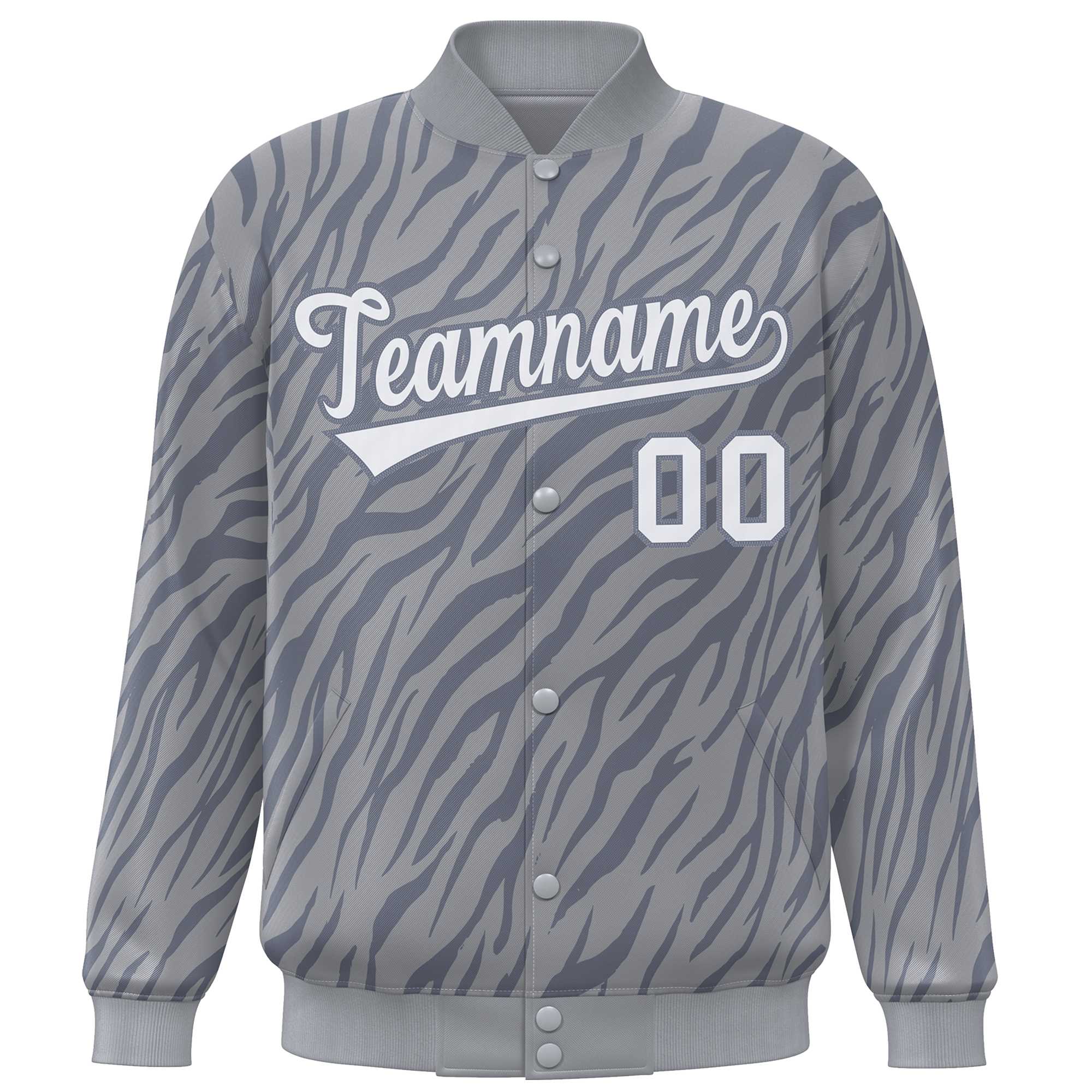 Custom Gray White Tiger Stripes Graffiti Pattern Bomber Varsity Jacket