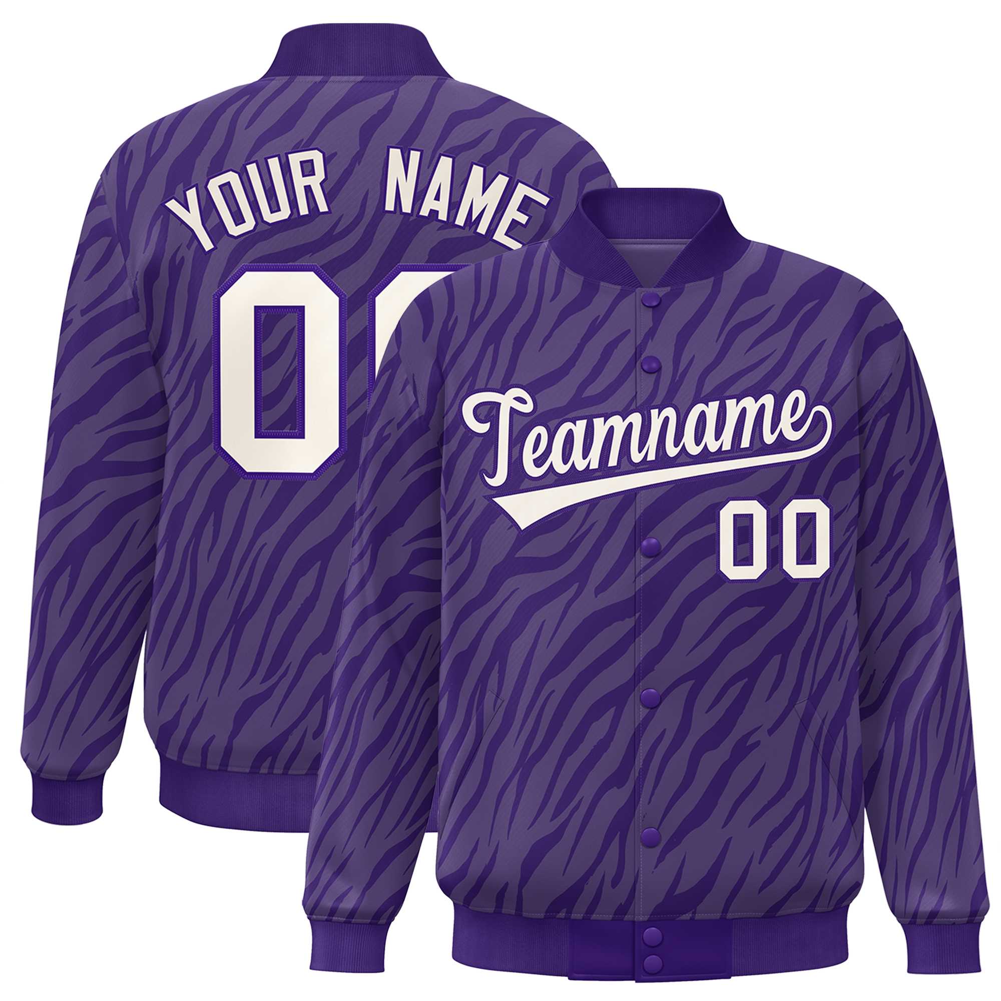 Custom Purple Cream Tiger Stripes Graffiti Pattern Bomber Varsity Jacket