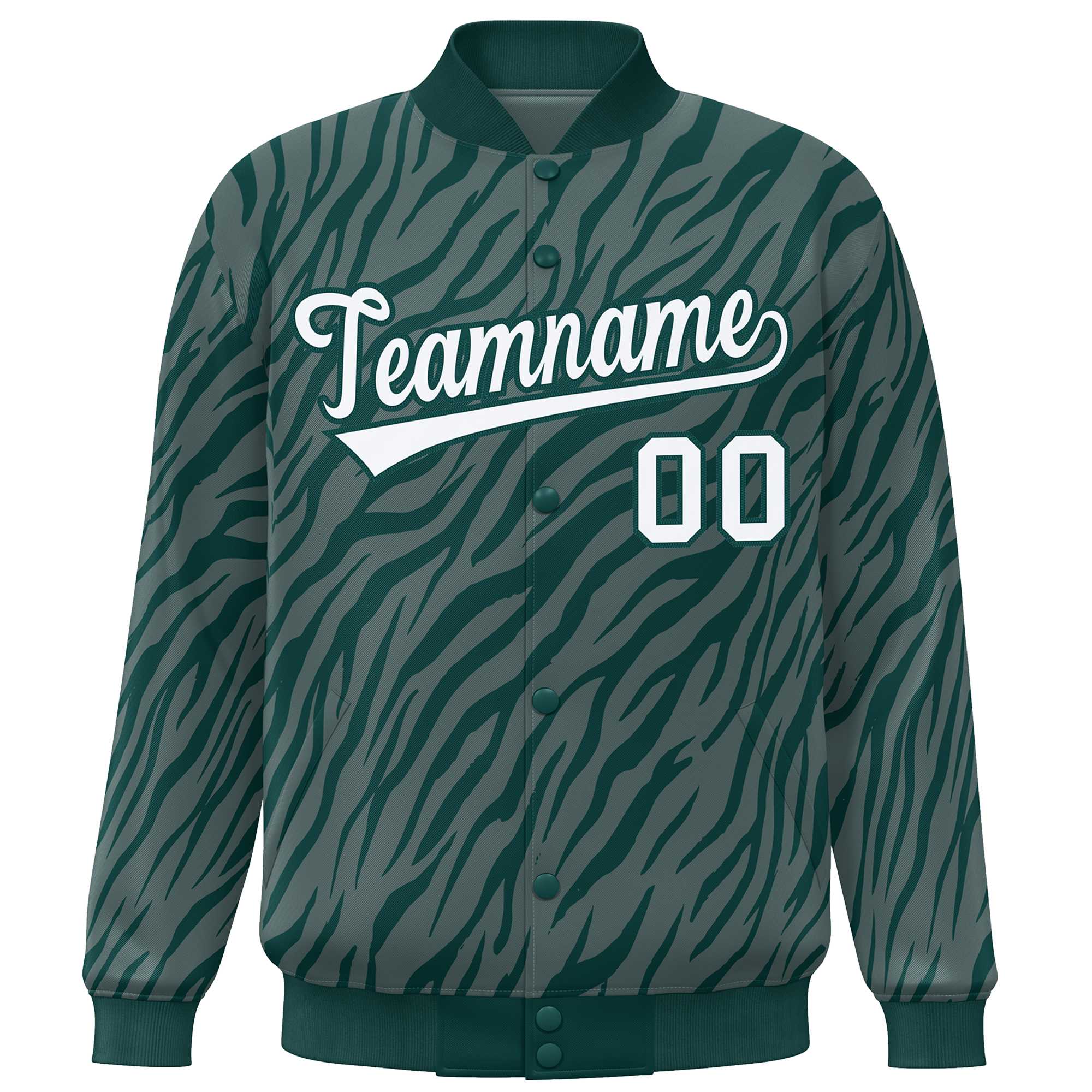 Custom Midnight Green White Tiger Stripes Graffiti Pattern Bomber Varsity Jacket