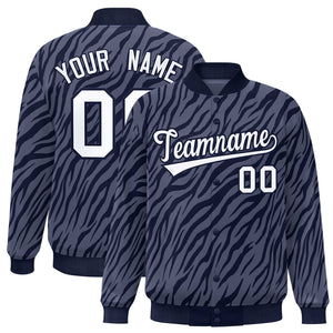 Custom Navy White Tiger Stripes Graffiti Pattern Bomber Varsity Jacket