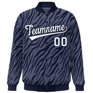 Custom Navy White Tiger Stripes Graffiti Pattern Bomber Varsity Jacket