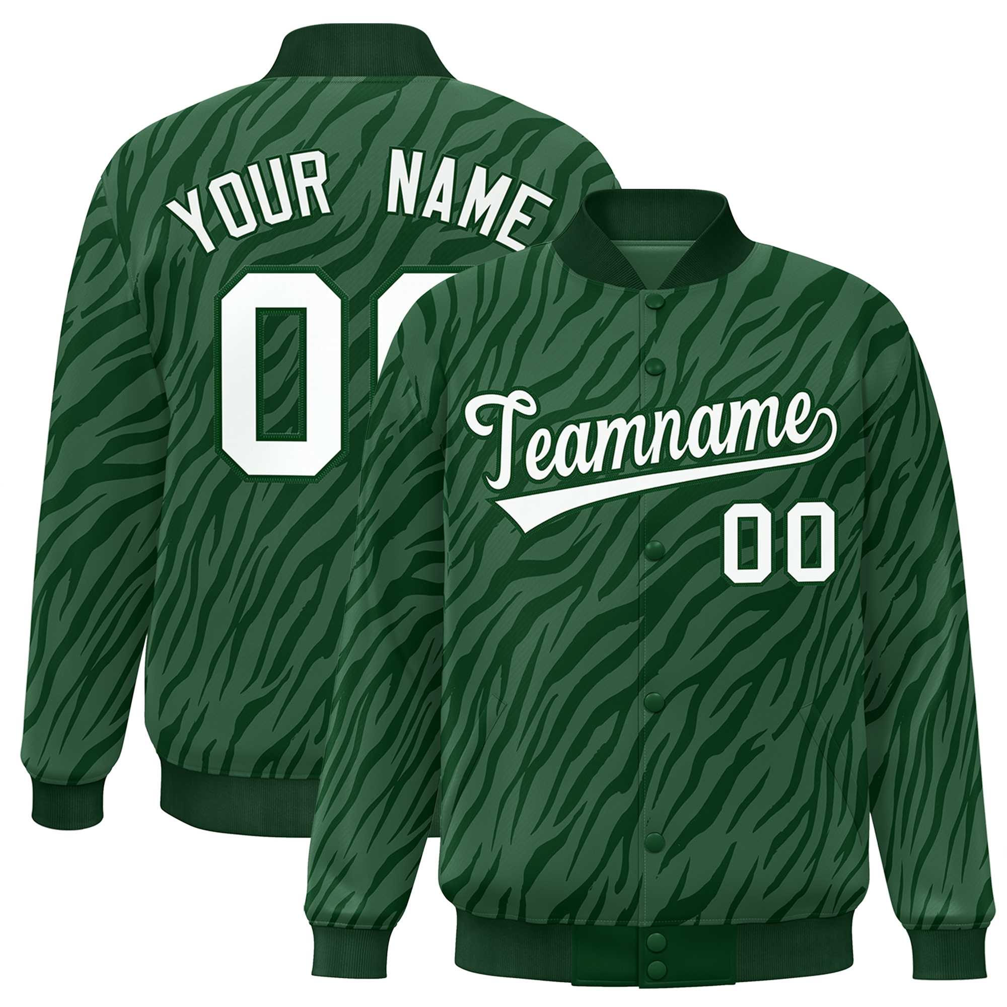 Custom Green White Tiger Stripes Graffiti Pattern Bomber Varsity Jacket