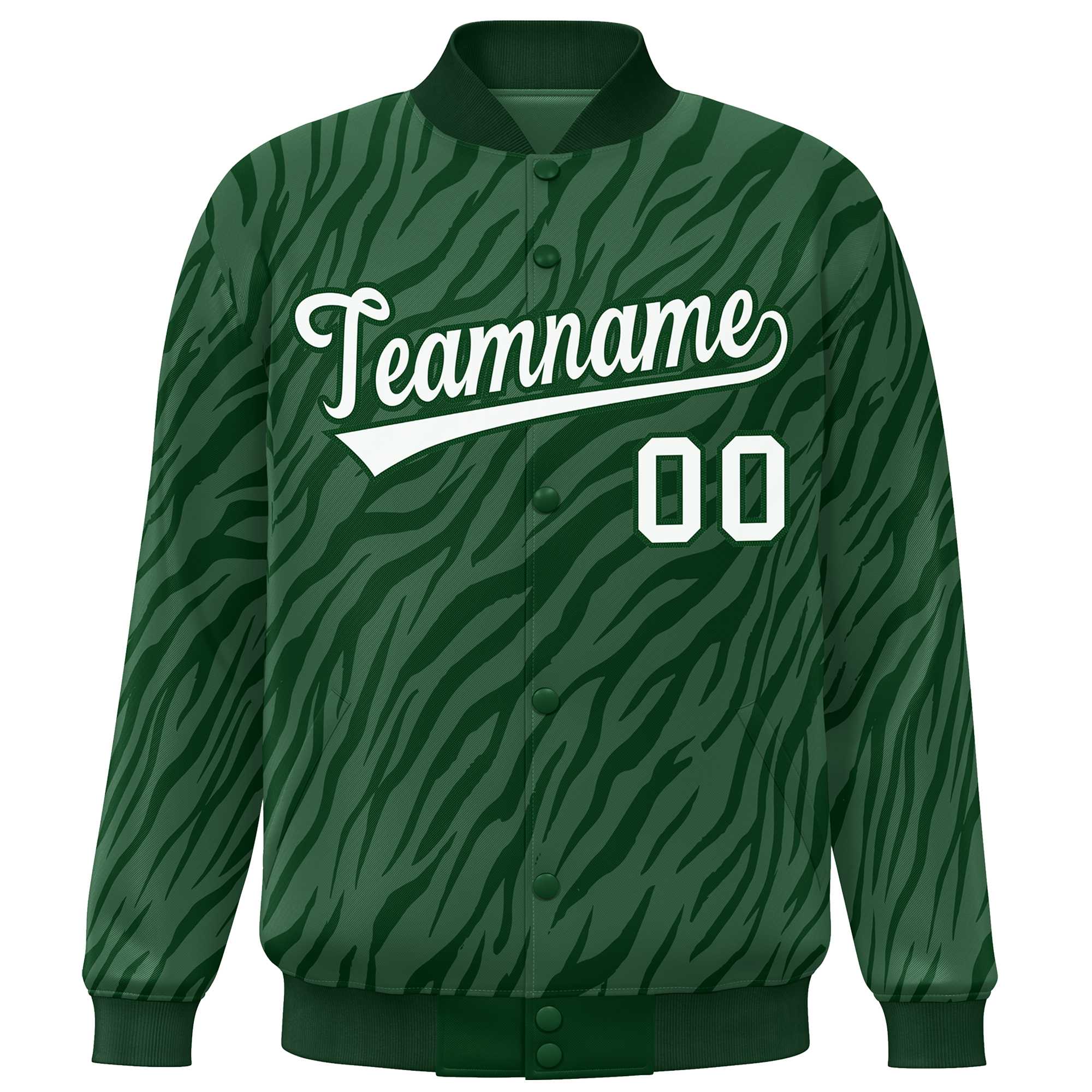 Custom Green White Tiger Stripes Graffiti Pattern Bomber Varsity Jacket