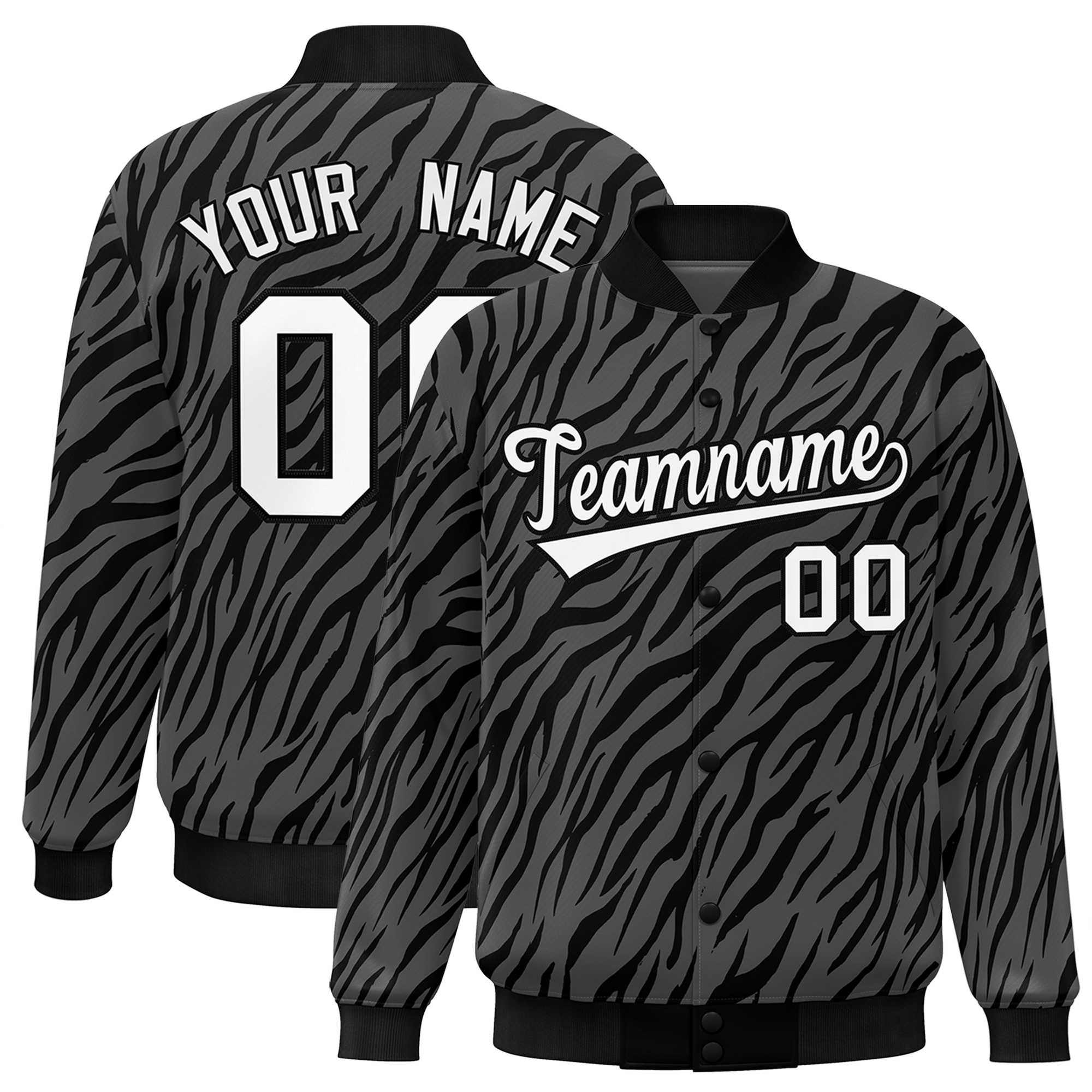 Custom Black White Tiger Stripes Graffiti Pattern Bomber Varsity Jacket