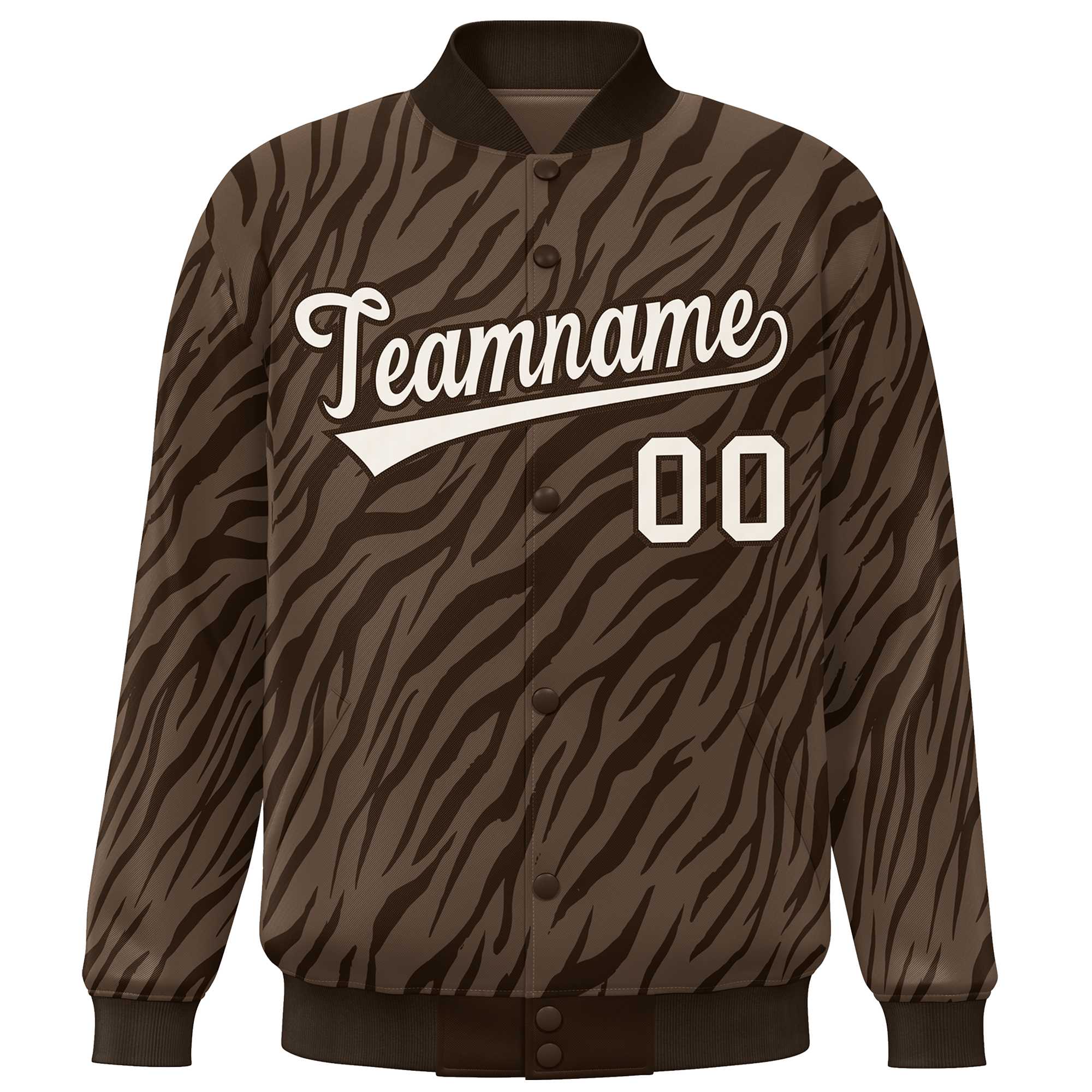 Custom Brown Cream Tiger Stripes Graffiti Pattern Bomber Varsity Jacket