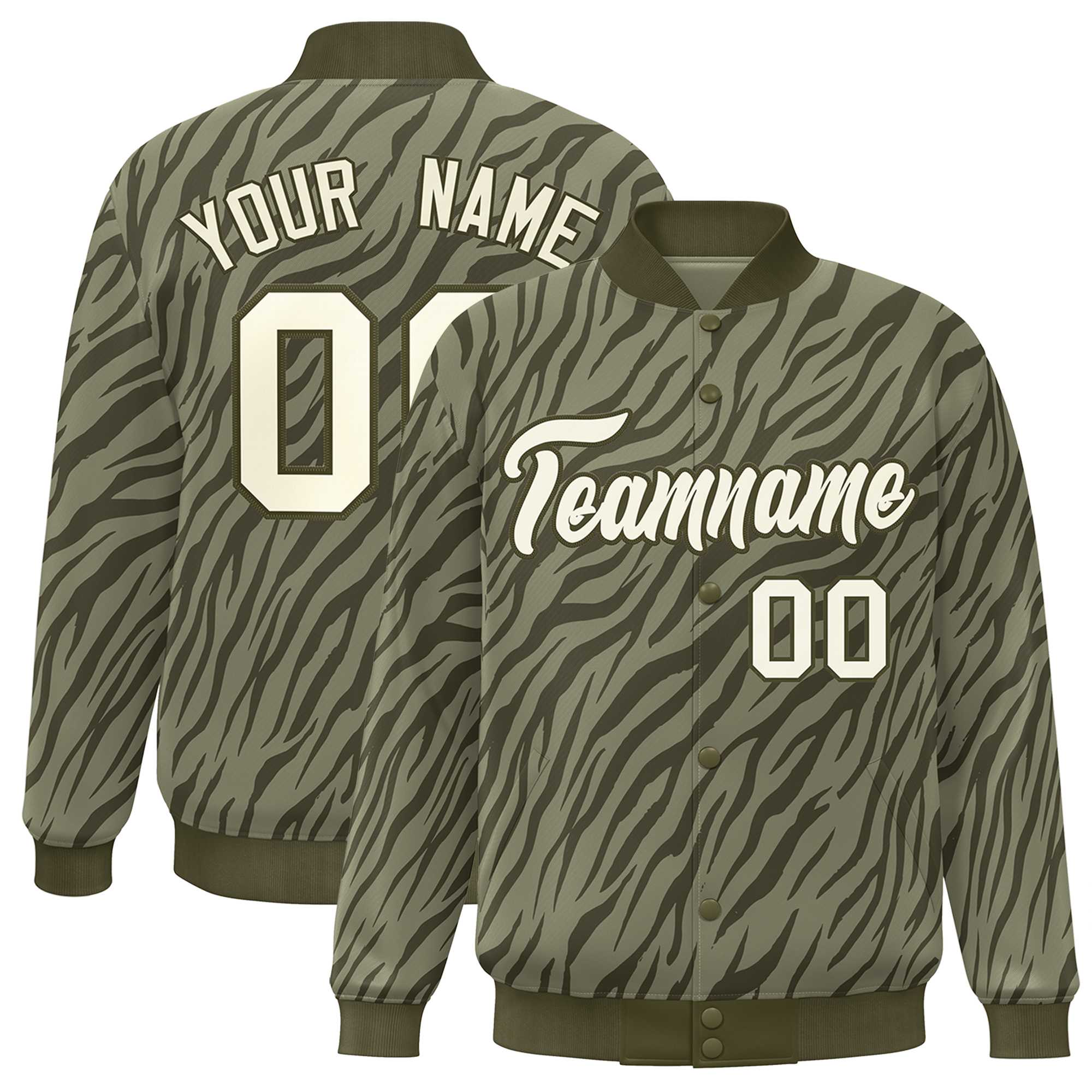 Custom Olive Cream Tiger Stripes Graffiti Pattern Bomber Varsity Jacket