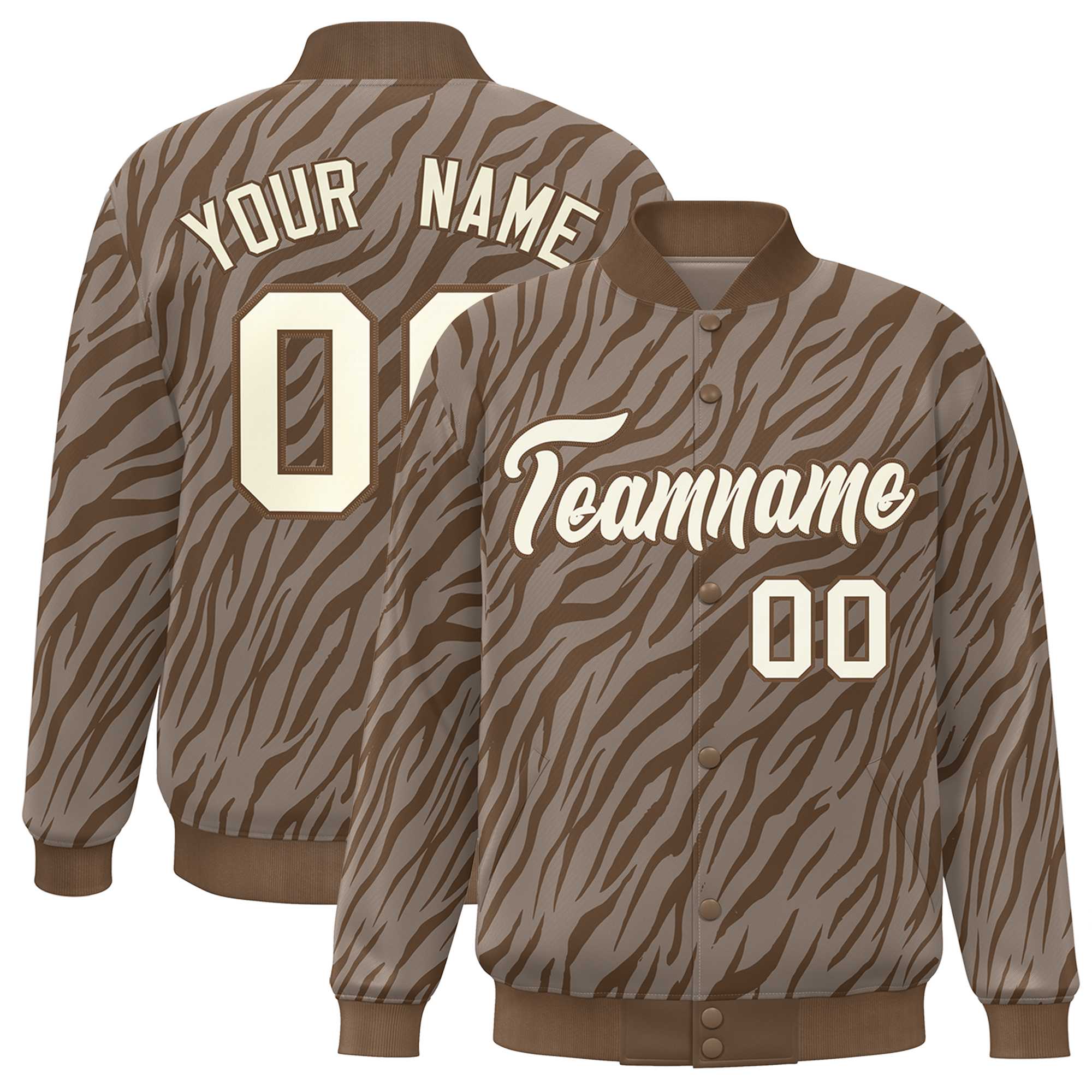 Custom Brown Cream Tiger Stripes Graffiti Pattern Bomber Varsity Jacket