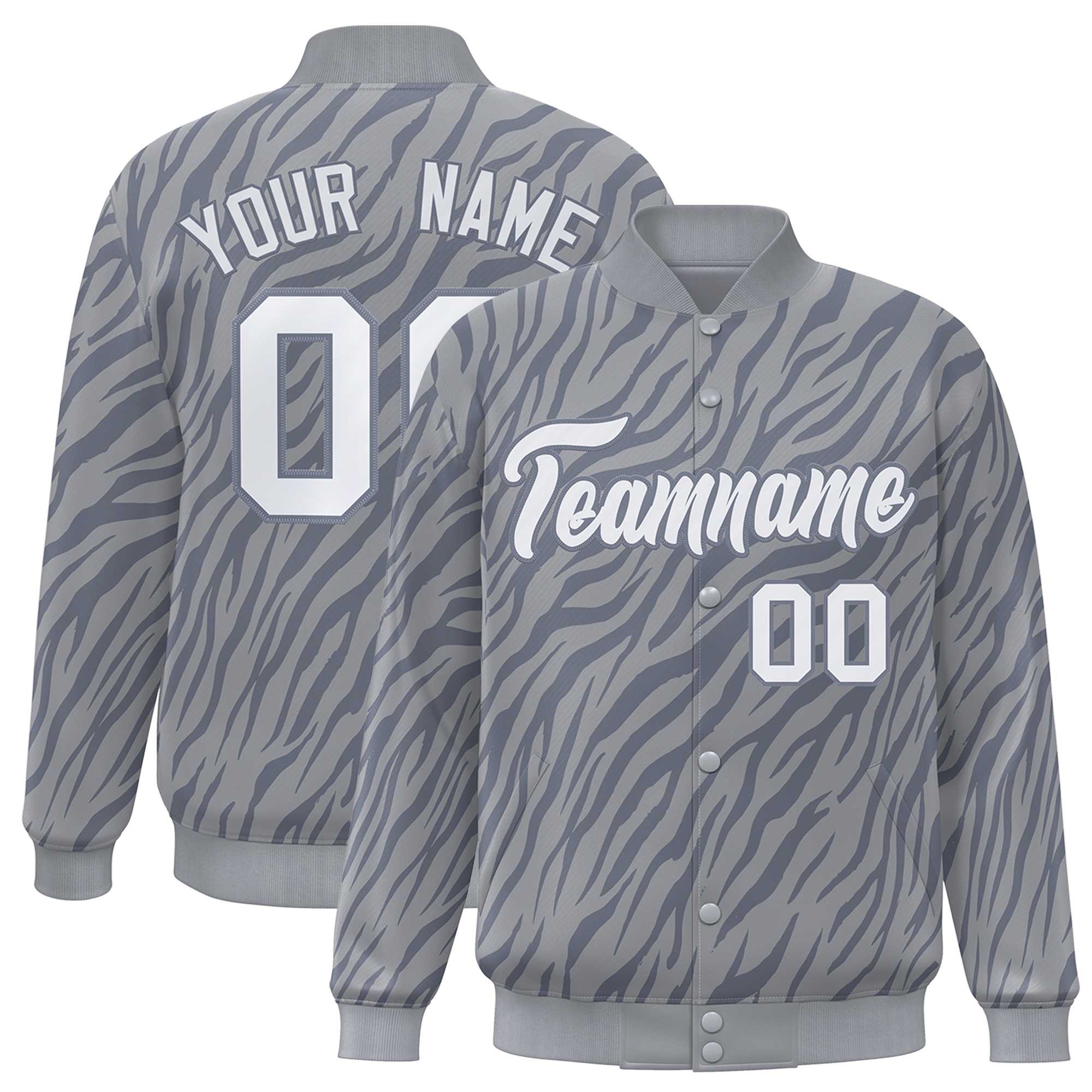 Custom Gray White Tiger Stripes Graffiti Pattern Bomber Varsity Jacket