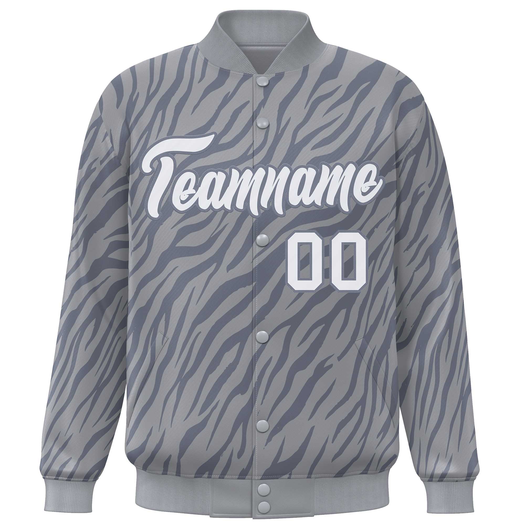 Custom Gray White Tiger Stripes Graffiti Pattern Bomber Varsity Jacket