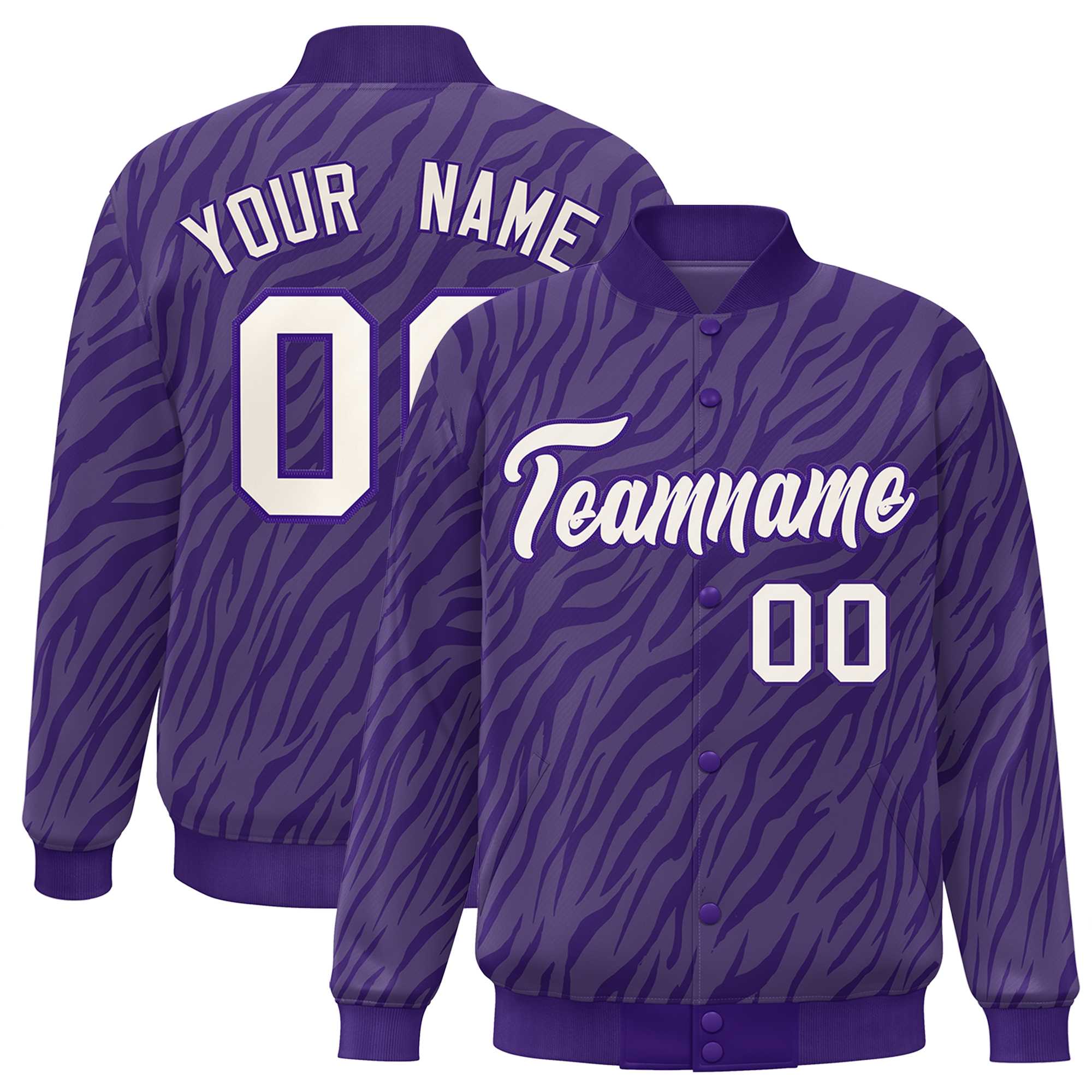 Custom Purple Cream Tiger Stripes Graffiti Pattern Bomber Varsity Jacket