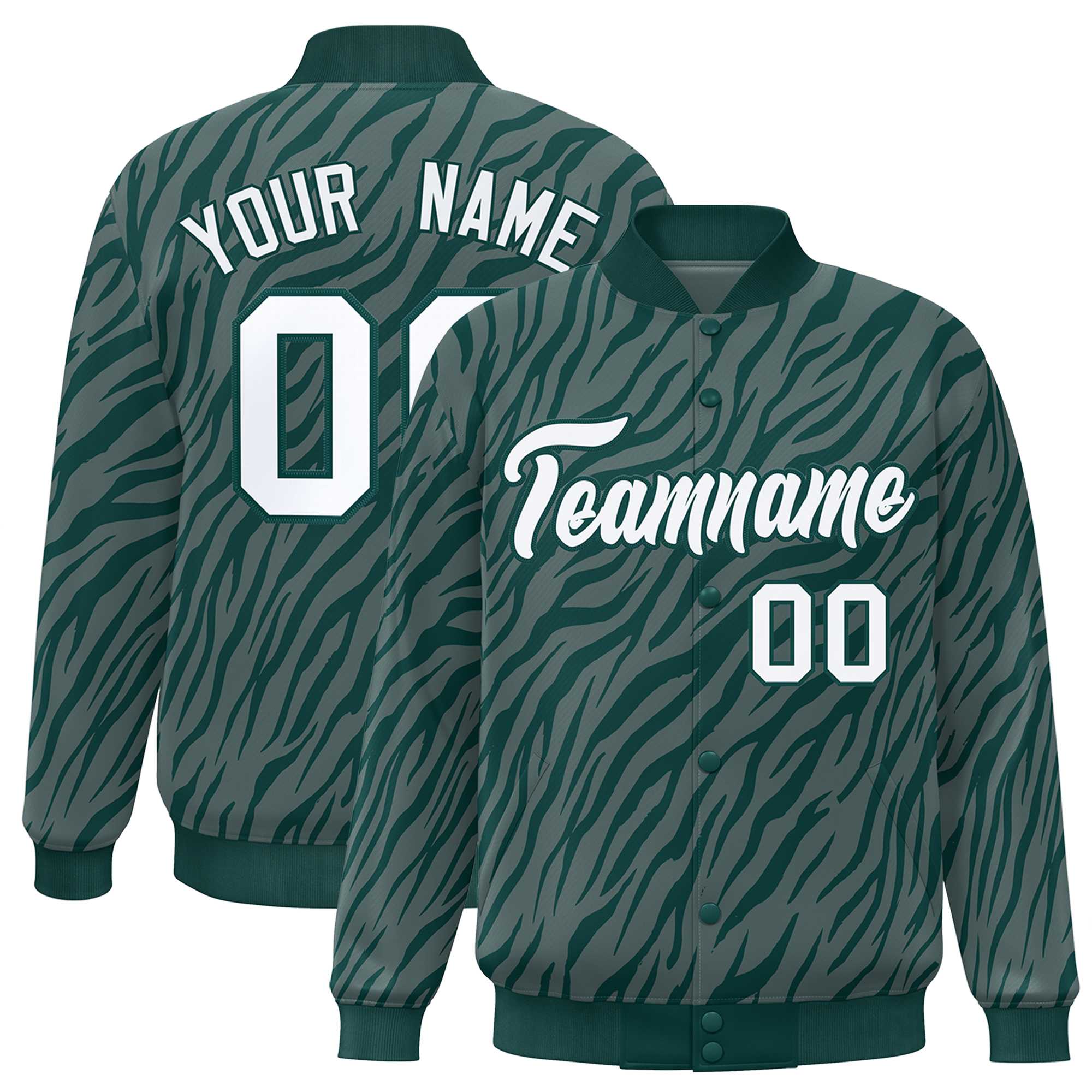 Custom Midnight Green White Tiger Stripes Graffiti Pattern Bomber Varsity Jacket