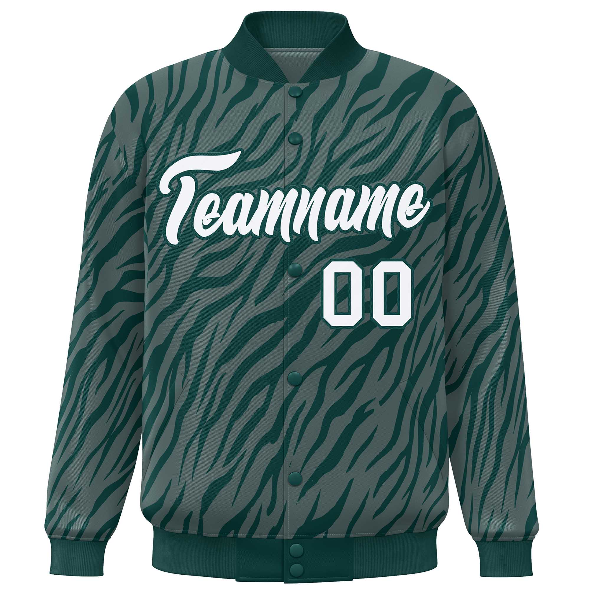 Custom Midnight Green White Tiger Stripes Graffiti Pattern Bomber Varsity Jacket