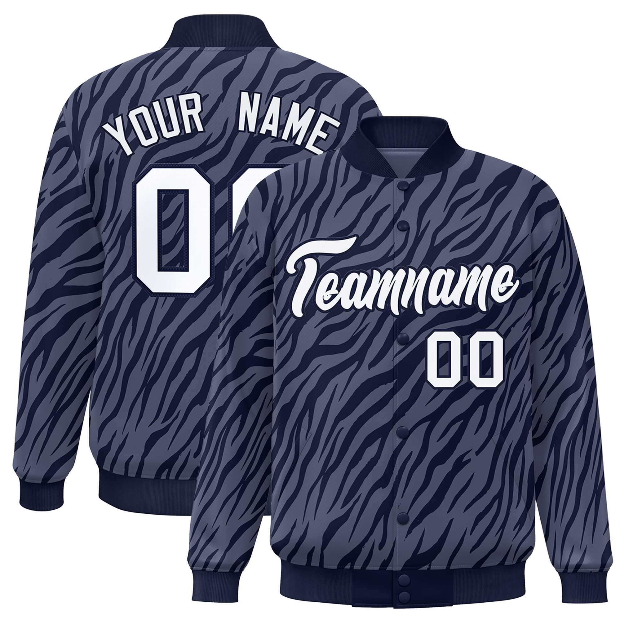 Custom Navy White Tiger Stripes Graffiti Pattern Bomber Varsity Jacket