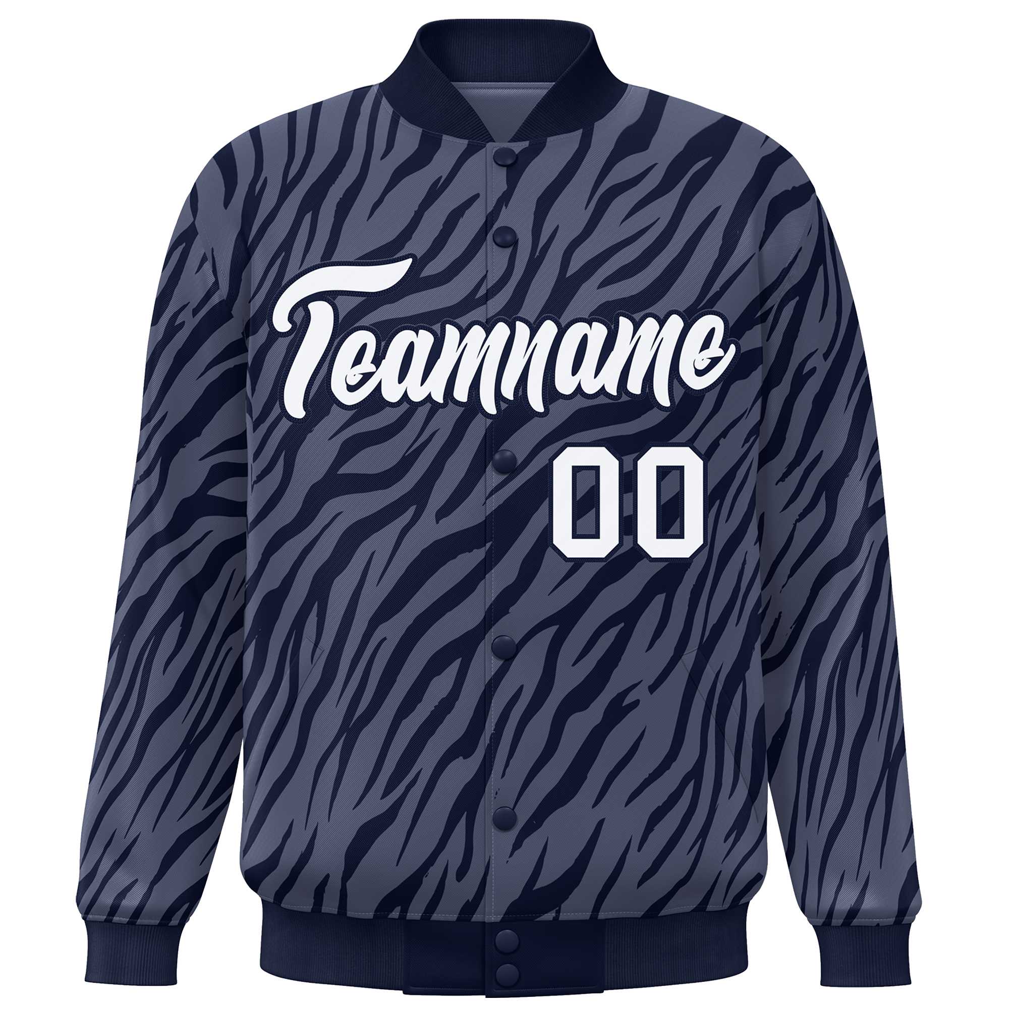 Custom Navy White Tiger Stripes Graffiti Pattern Bomber Varsity Jacket