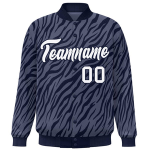 Custom Navy White Tiger Stripes Graffiti Pattern Bomber Varsity Jacket