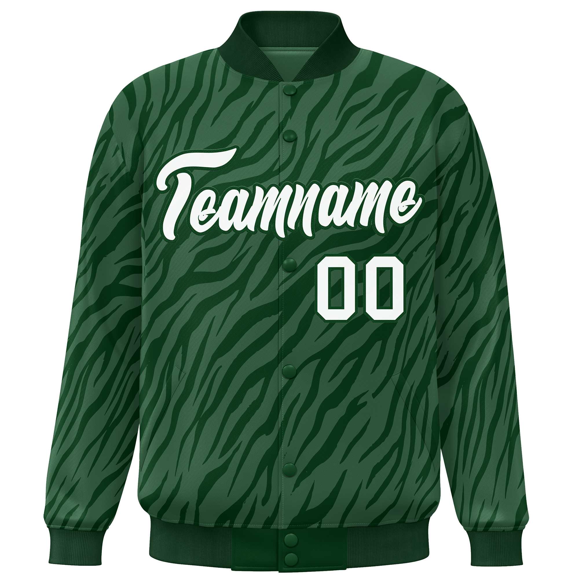 Custom Green White Tiger Stripes Graffiti Pattern Bomber Varsity Jacket