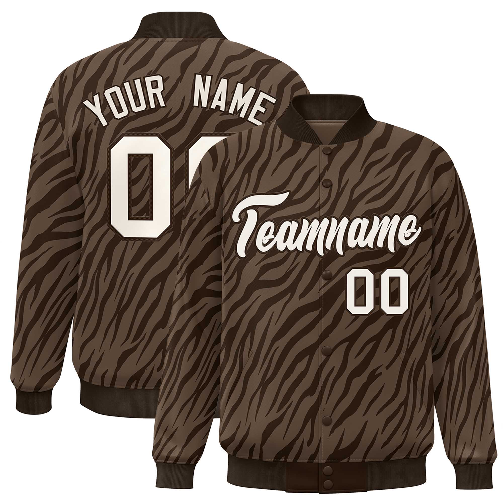 Custom Brown Cream Tiger Stripes Graffiti Pattern Bomber Varsity Jacket