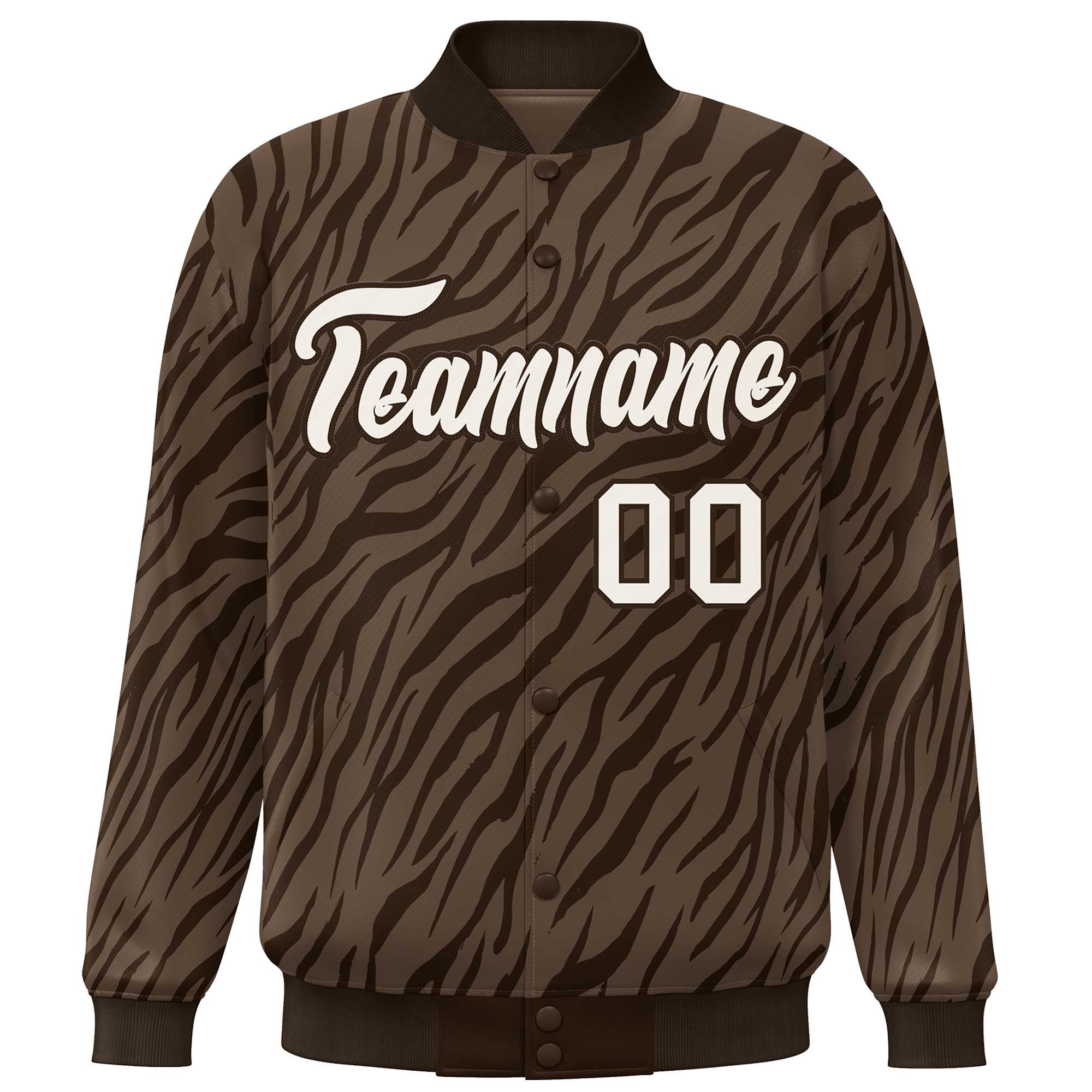 Custom Brown Cream Tiger Stripes Graffiti Pattern Bomber Varsity Jacket