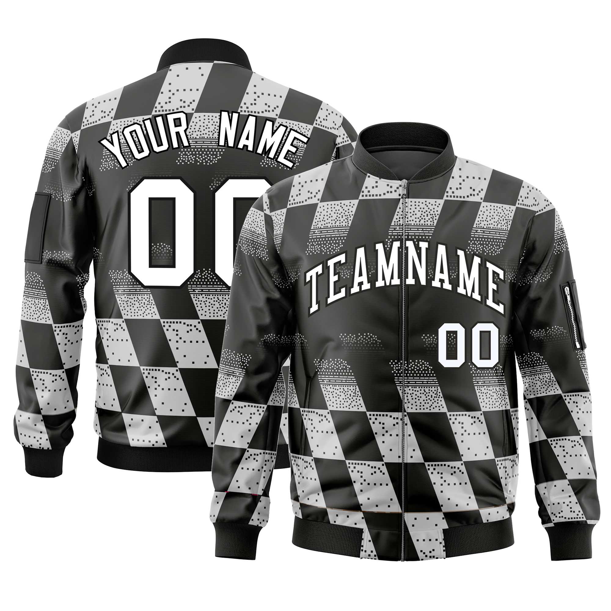 Custom Black White Grid Varsity Full-Zip Color Block Letterman Bomber Jacket