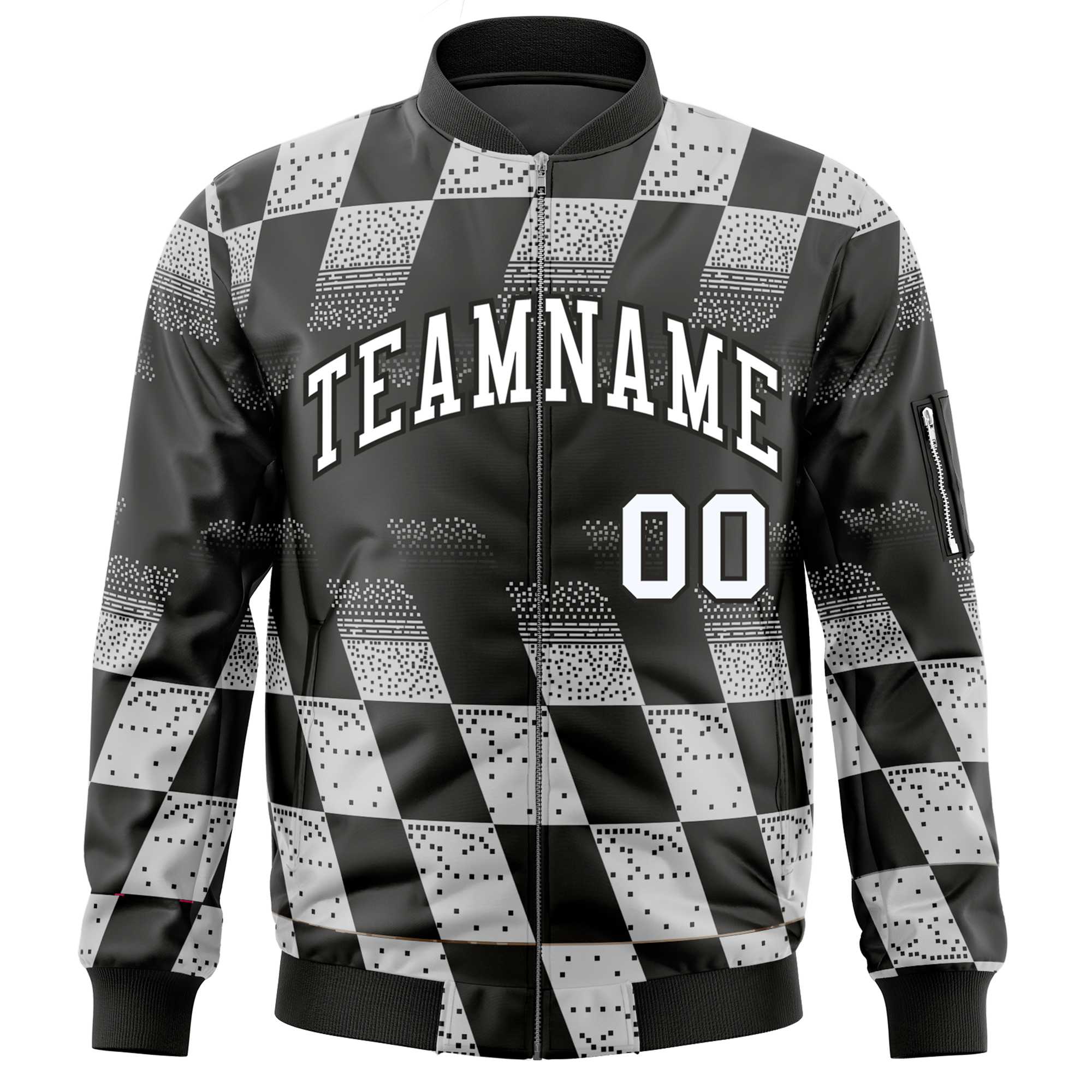 Custom Black White Grid Varsity Full-Zip Color Block Letterman Bomber Jacket