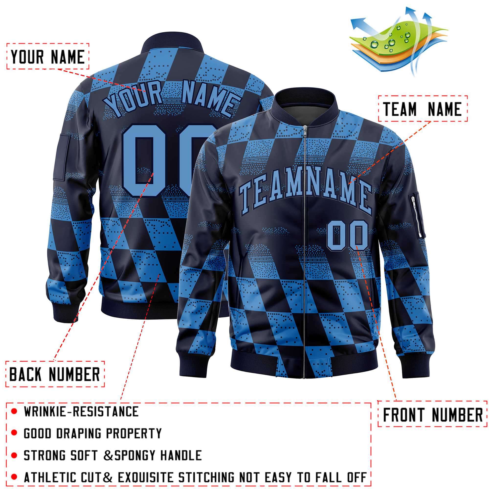 Custom Navy Powder Blue Grid Varsity Full-Zip Color Block Letterman Bomber Jacket