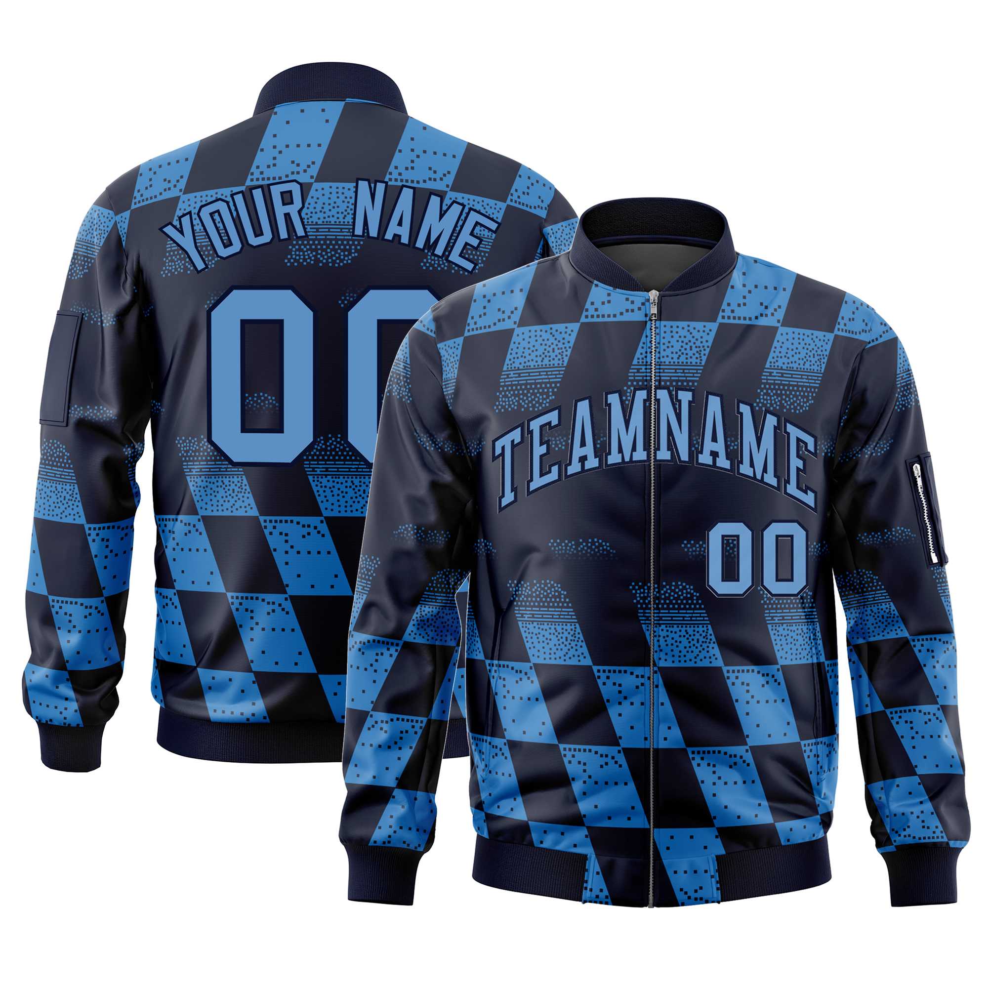 Custom Navy Powder Blue Grid Varsity Full-Zip Color Block Letterman Bomber Jacket