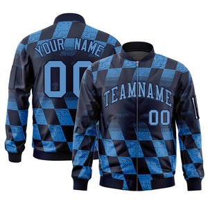 Custom Navy Powder Blue Grid Varsity Full-Zip Color Block Letterman Bomber Jacket