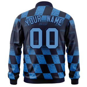 Custom Navy Powder Blue Grid Varsity Full-Zip Color Block Letterman Bomber Jacket