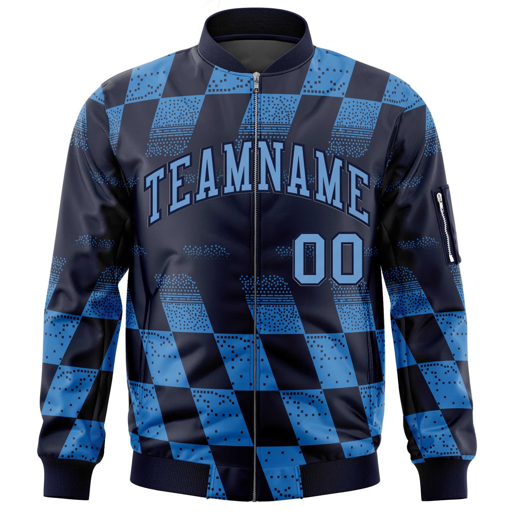 Custom Navy Powder Blue Grid Varsity Full-Zip Color Block Letterman Bomber Jacket