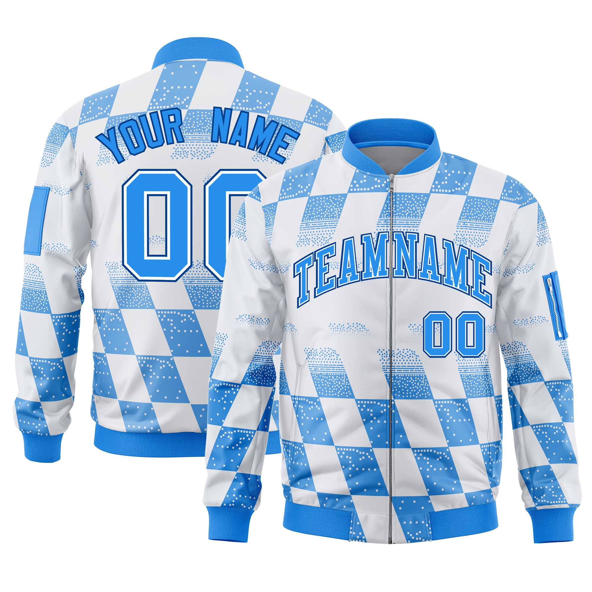 Custom White Powder Blue Grid Varsity Full-Zip Color Block Letterman Bomber Jacket