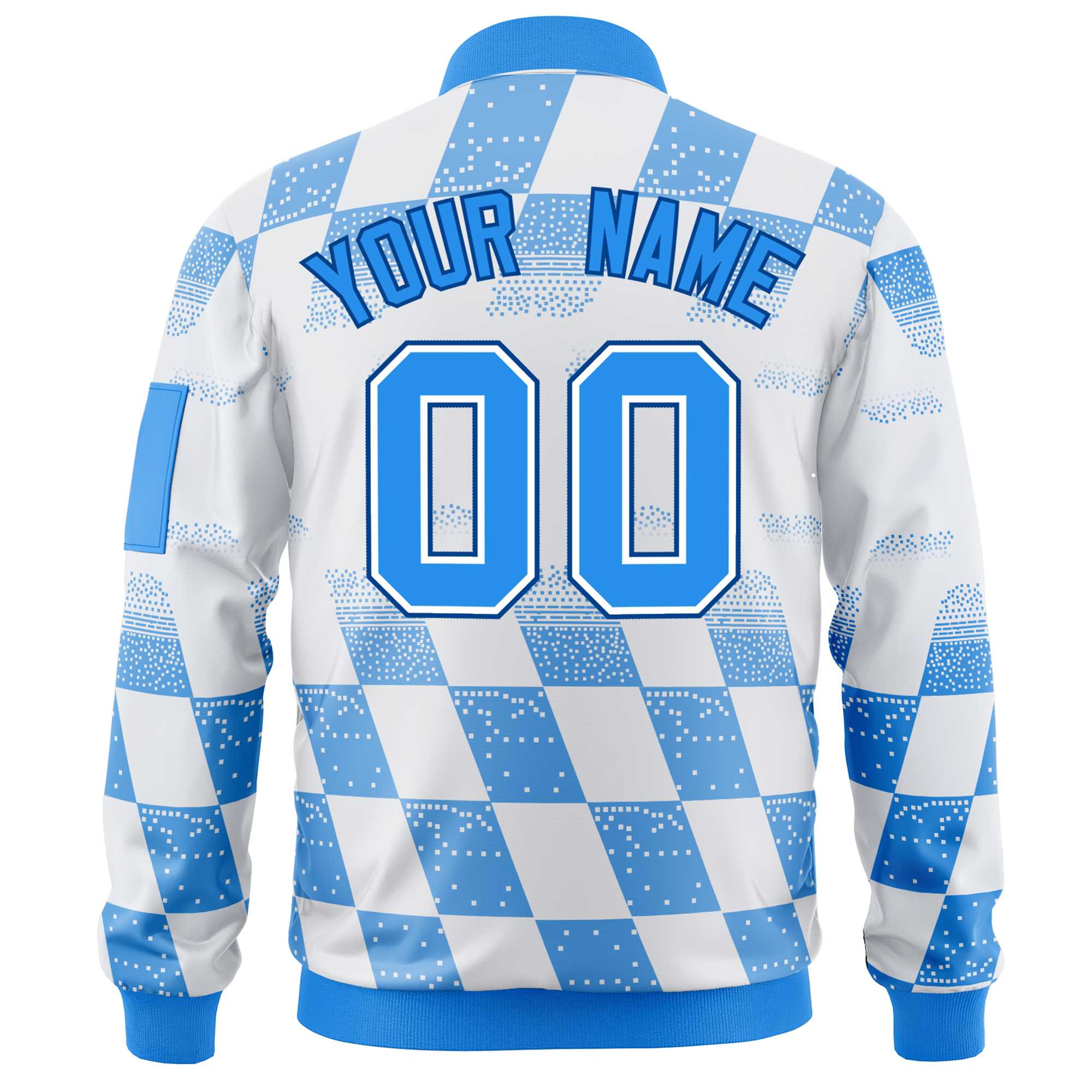 Custom White Powder Blue Grid Varsity Full-Zip Color Block Letterman Bomber Jacket