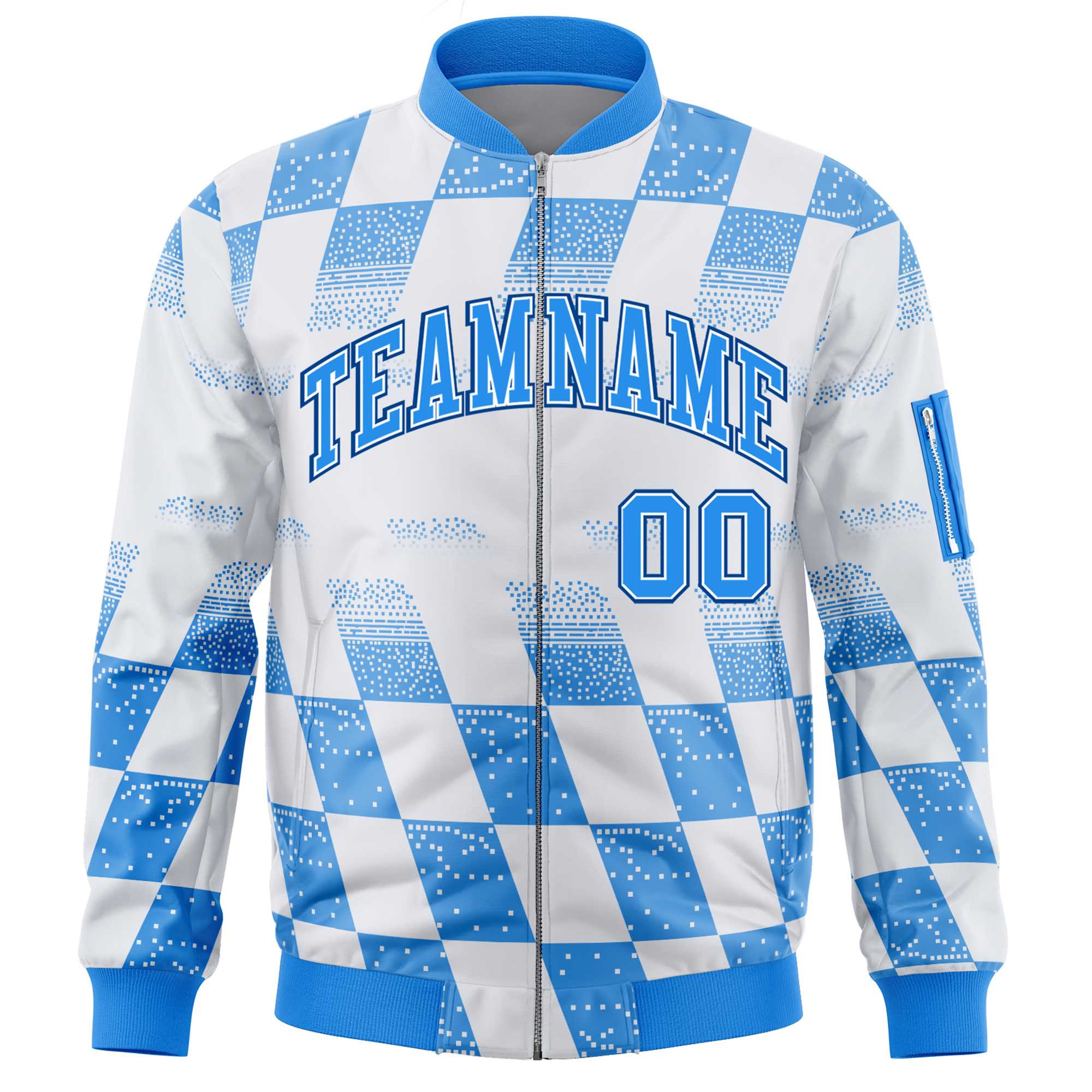 Custom White Powder Blue Grid Varsity Full-Zip Color Block Letterman Bomber Jacket