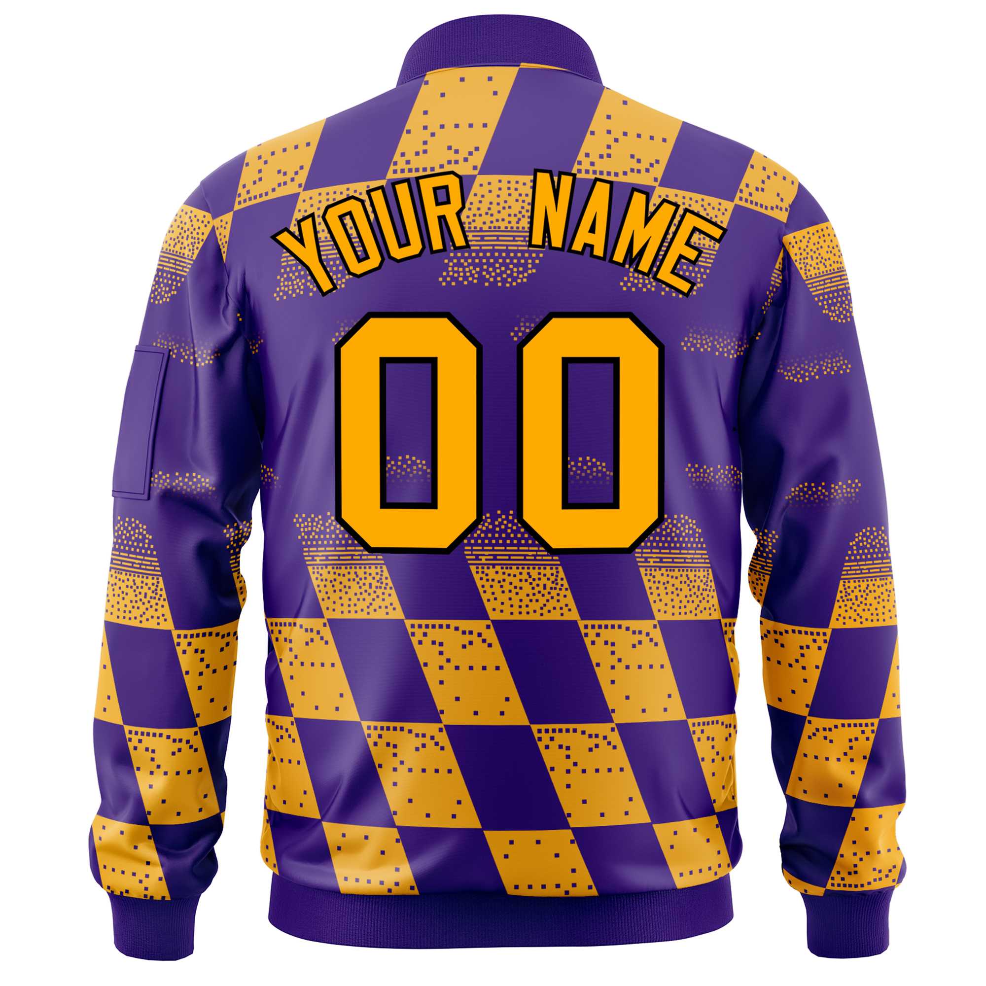 Custom Purple Gold Grid Varsity Full-Zip Color Block Letterman Bomber Jacket