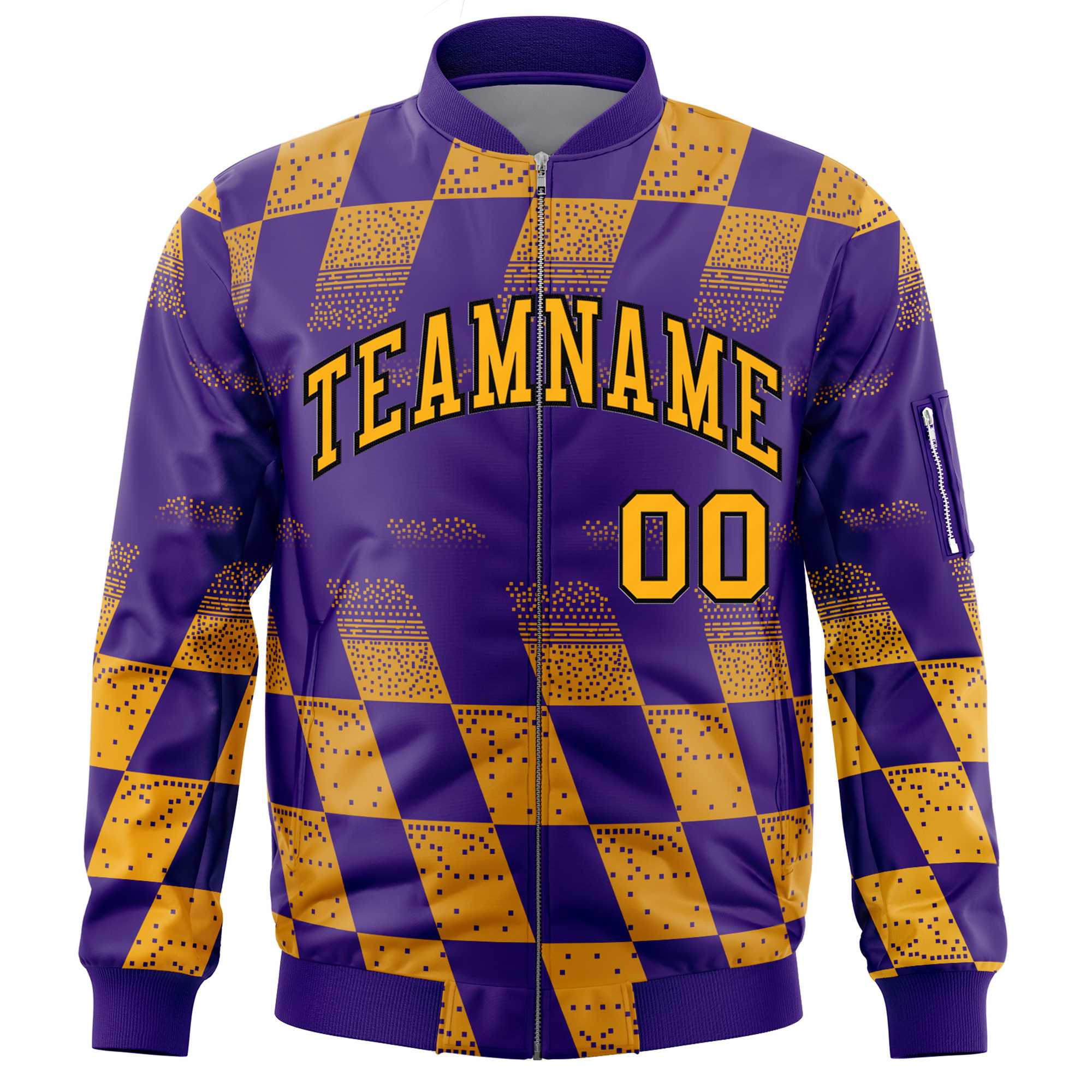 Custom Purple Gold Grid Varsity Full-Zip Color Block Letterman Bomber Jacket