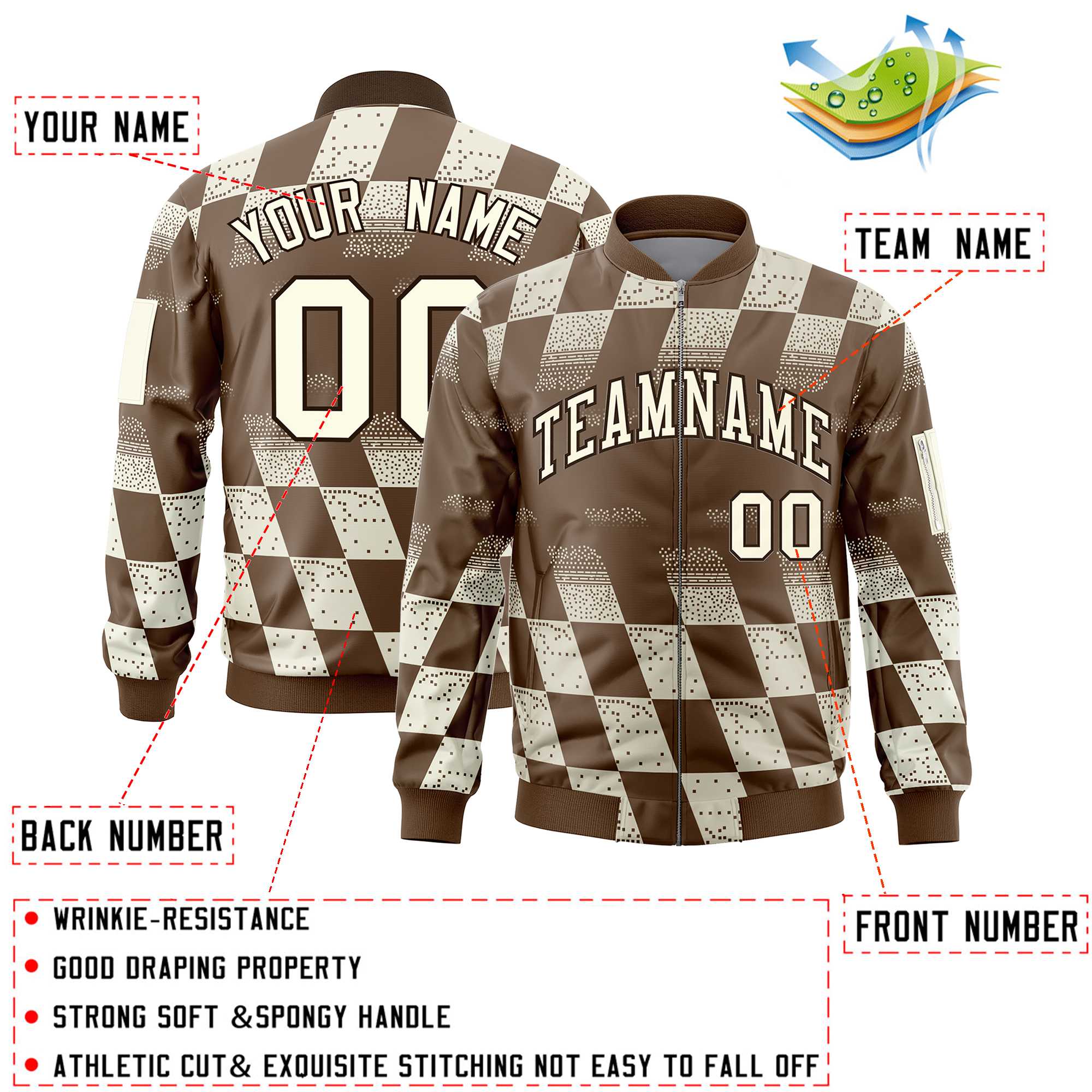 Custom Brown Khaki Grid Varsity Full-Zip Color Block Letterman Bomber Jacket