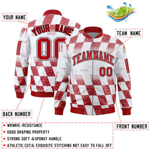 Custom White Red Grid Varsity Full-Zip Color Block Letterman Bomber Jacket