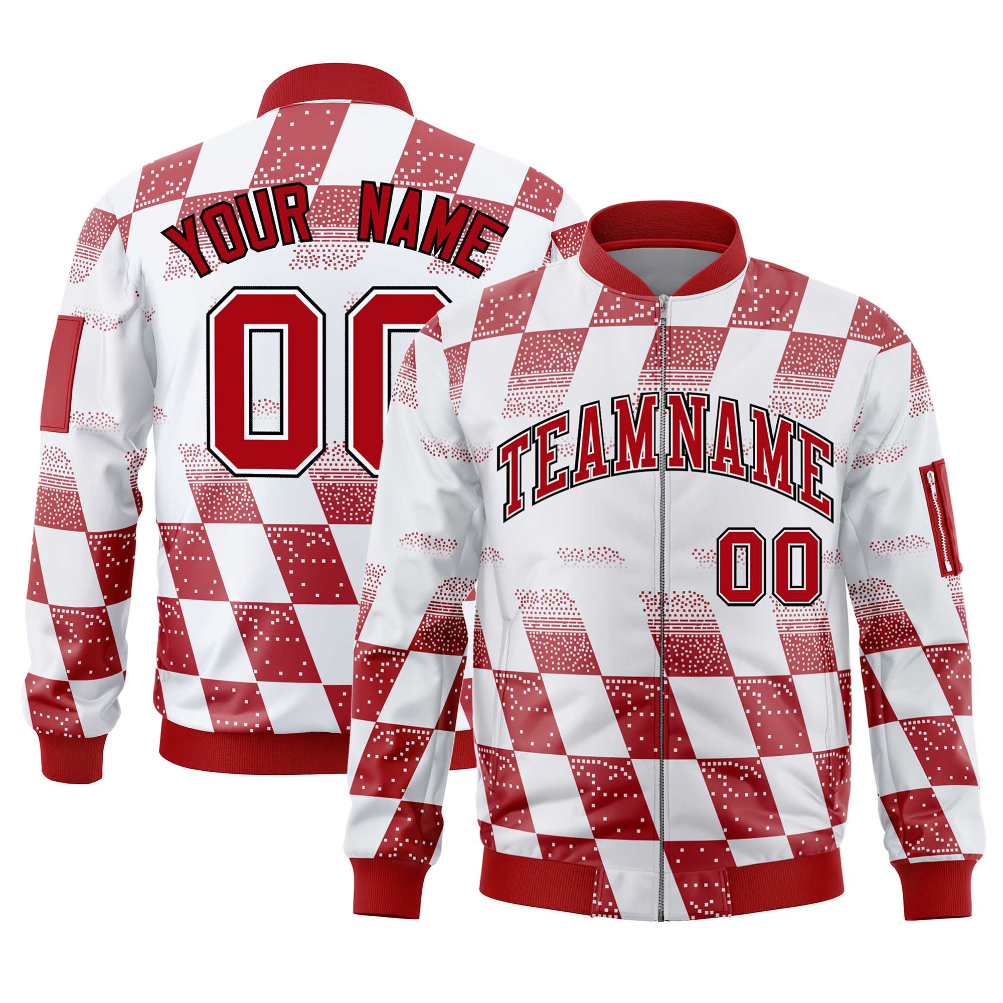 Custom White Red Grid Varsity Full-Zip Color Block Letterman Bomber Jacket