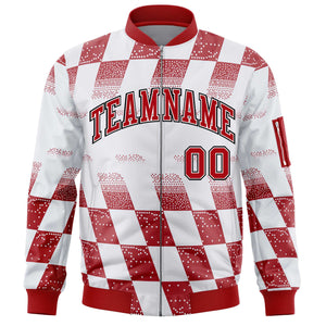 Custom White Red Grid Varsity Full-Zip Color Block Letterman Bomber Jacket