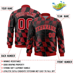 Custom Black Red Grid Varsity Full-Zip Color Block Letterman Bomber Jacket