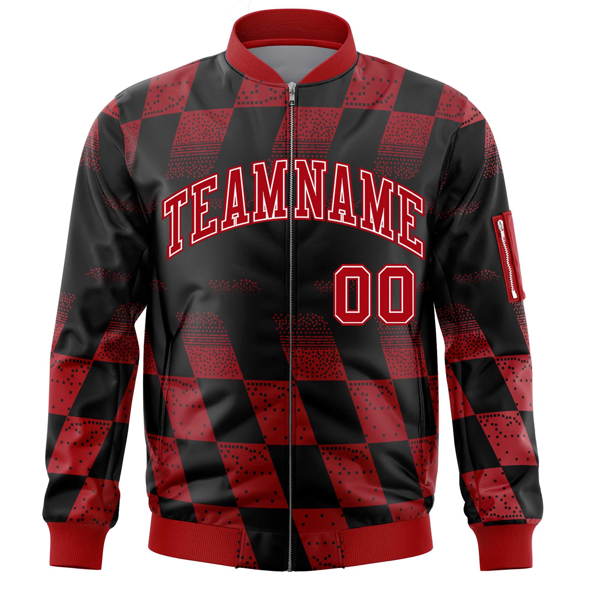 Custom Black Red Grid Varsity Full-Zip Color Block Letterman Bomber Jacket