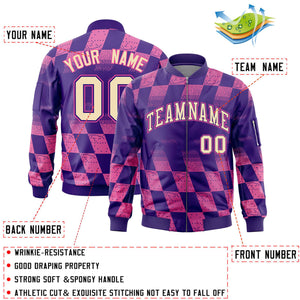 Custom Purple Pink Grid Varsity Full-Zip Color Block Letterman Bomber Jacket