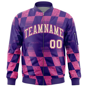 Custom Purple Pink Grid Varsity Full-Zip Color Block Letterman Bomber Jacket