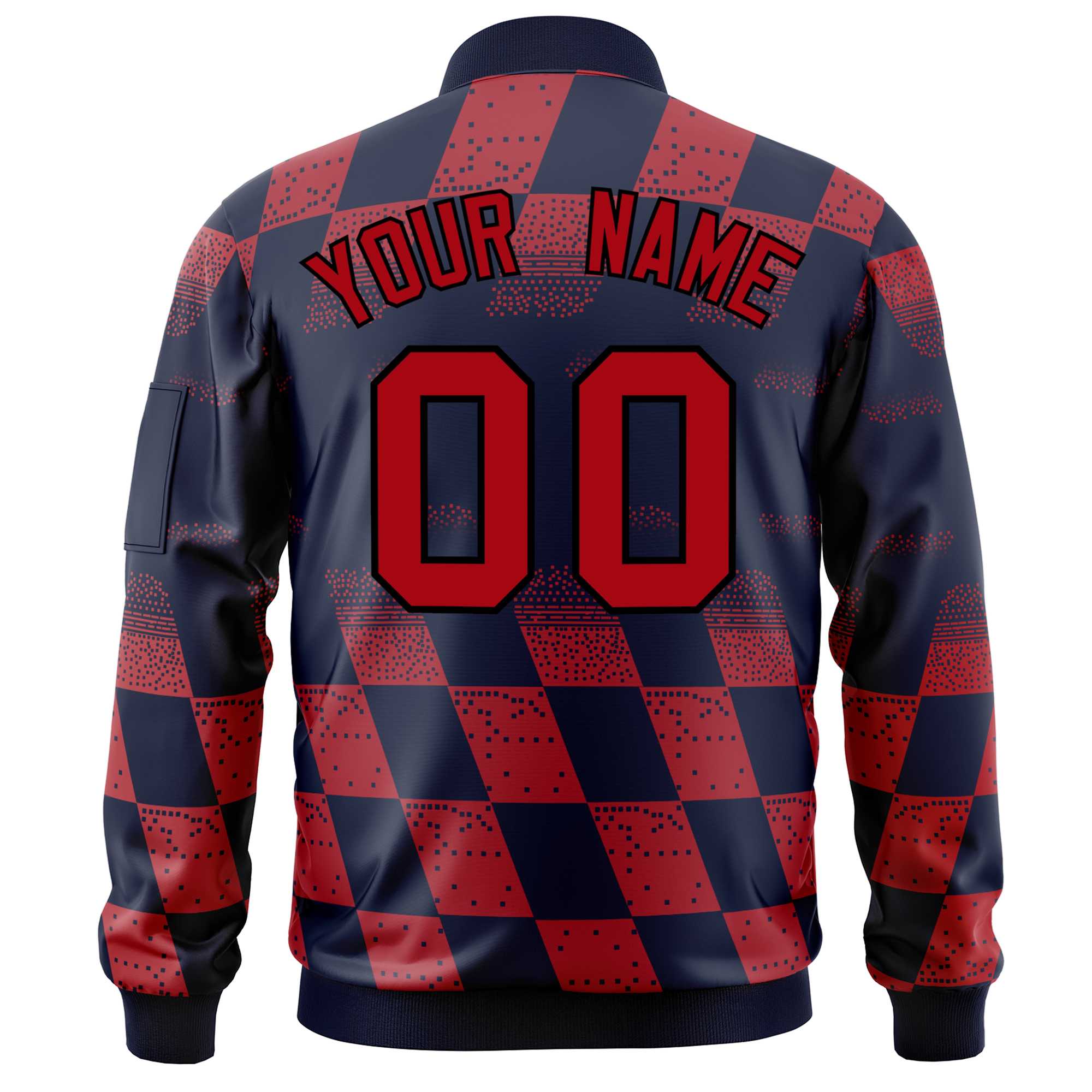 Custom Navy Red Grid Varsity Full-Zip Color Block Letterman Bomber Jacket