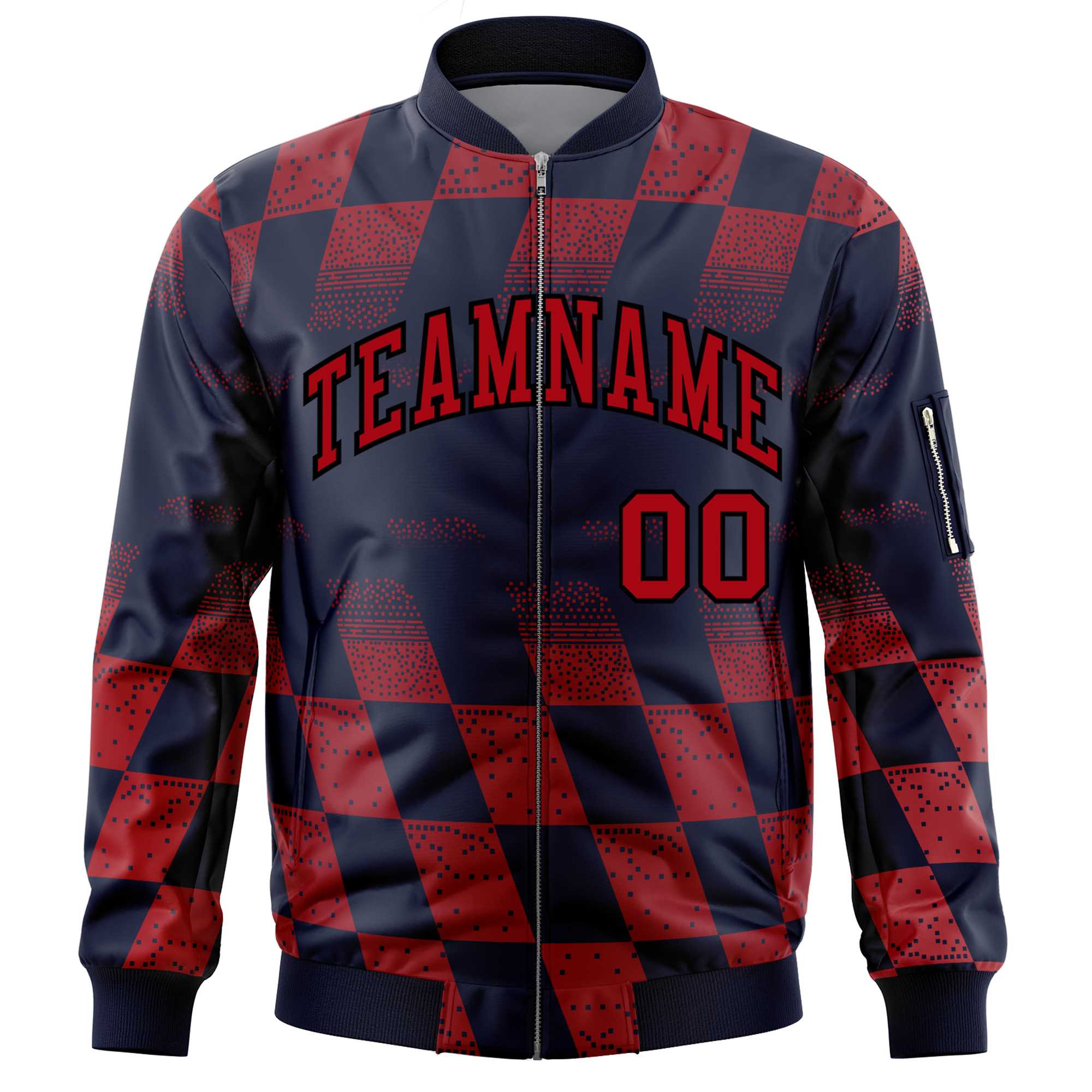 Custom Navy Red Grid Varsity Full-Zip Color Block Letterman Bomber Jacket