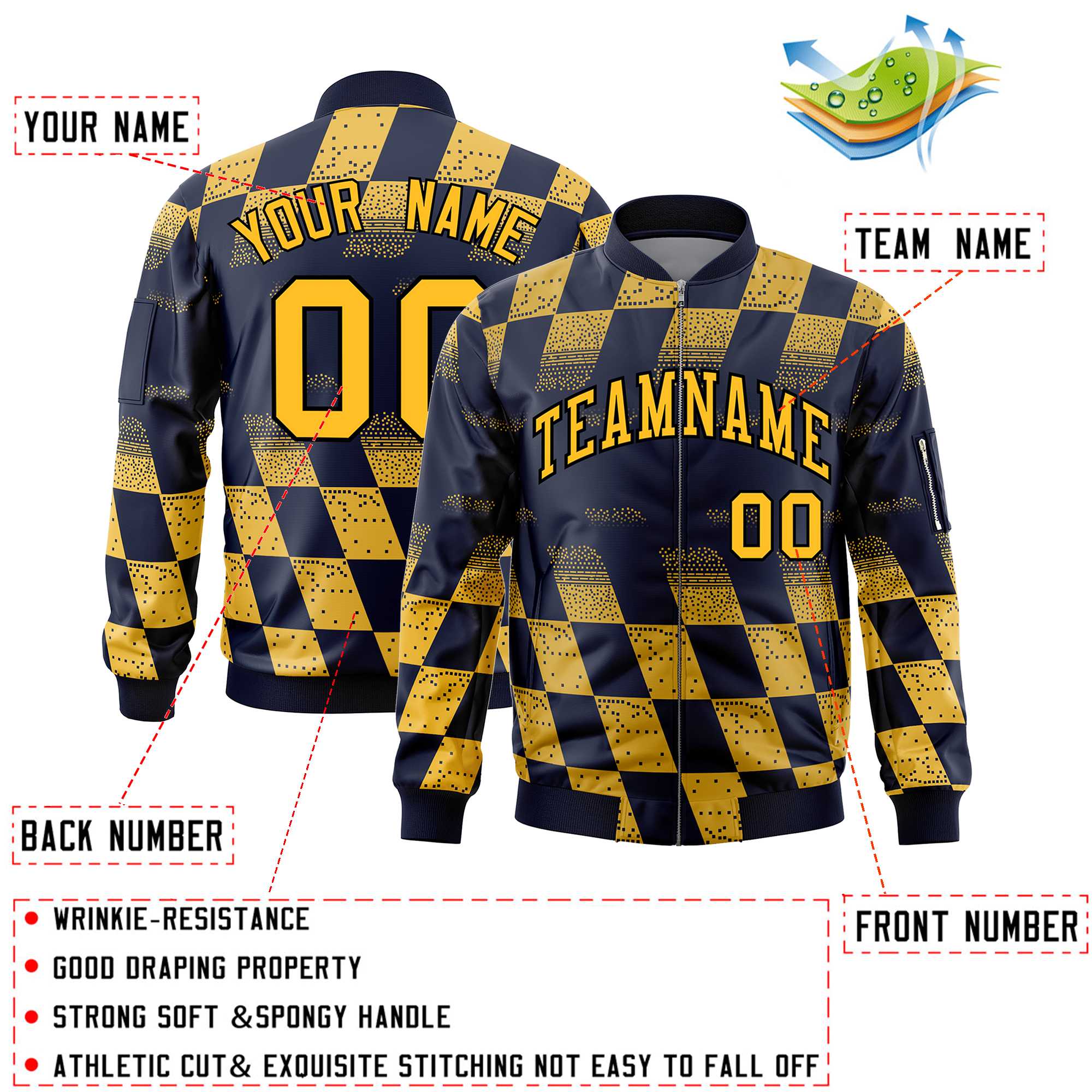 Custom Navy Gold Grid Varsity Full-Zip Color Block Letterman Bomber Jacket