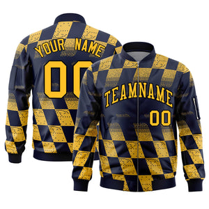 Custom Navy Gold Grid Varsity Full-Zip Color Block Letterman Bomber Jacket