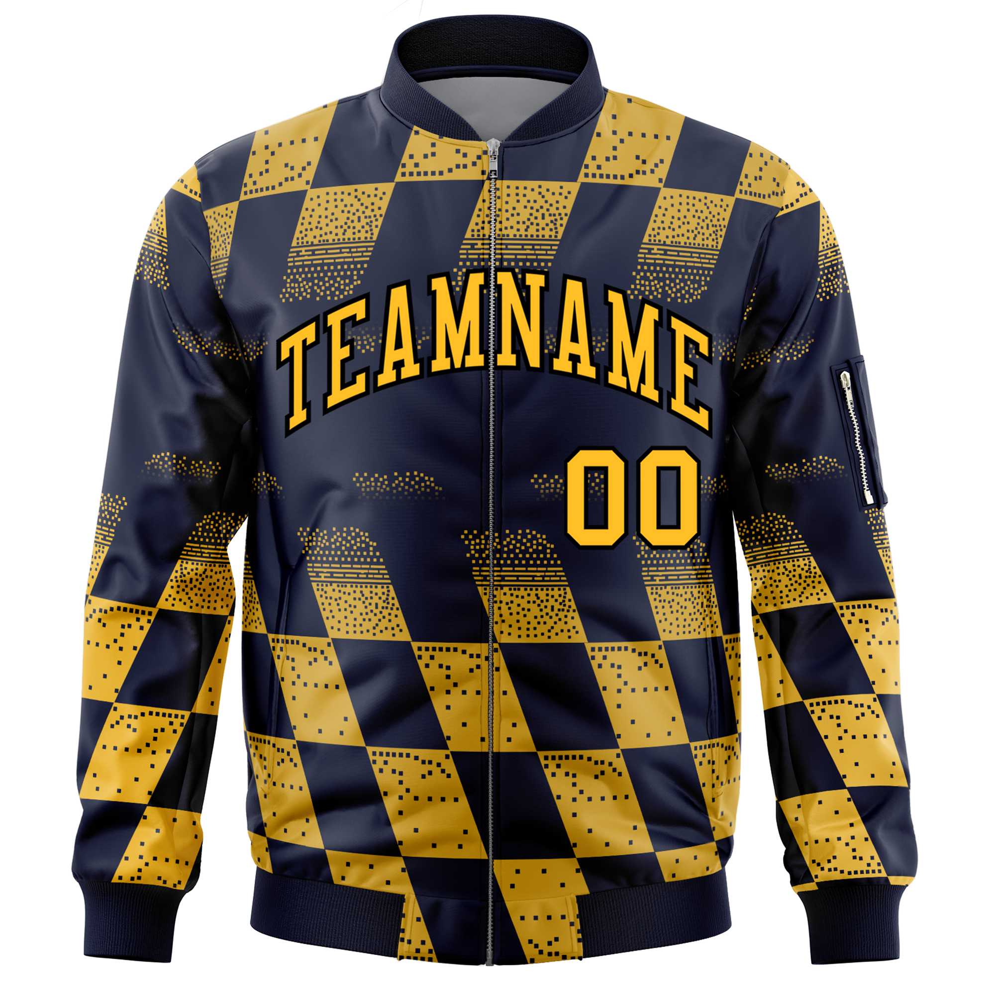 Custom Navy Gold Grid Varsity Full-Zip Color Block Letterman Bomber Jacket