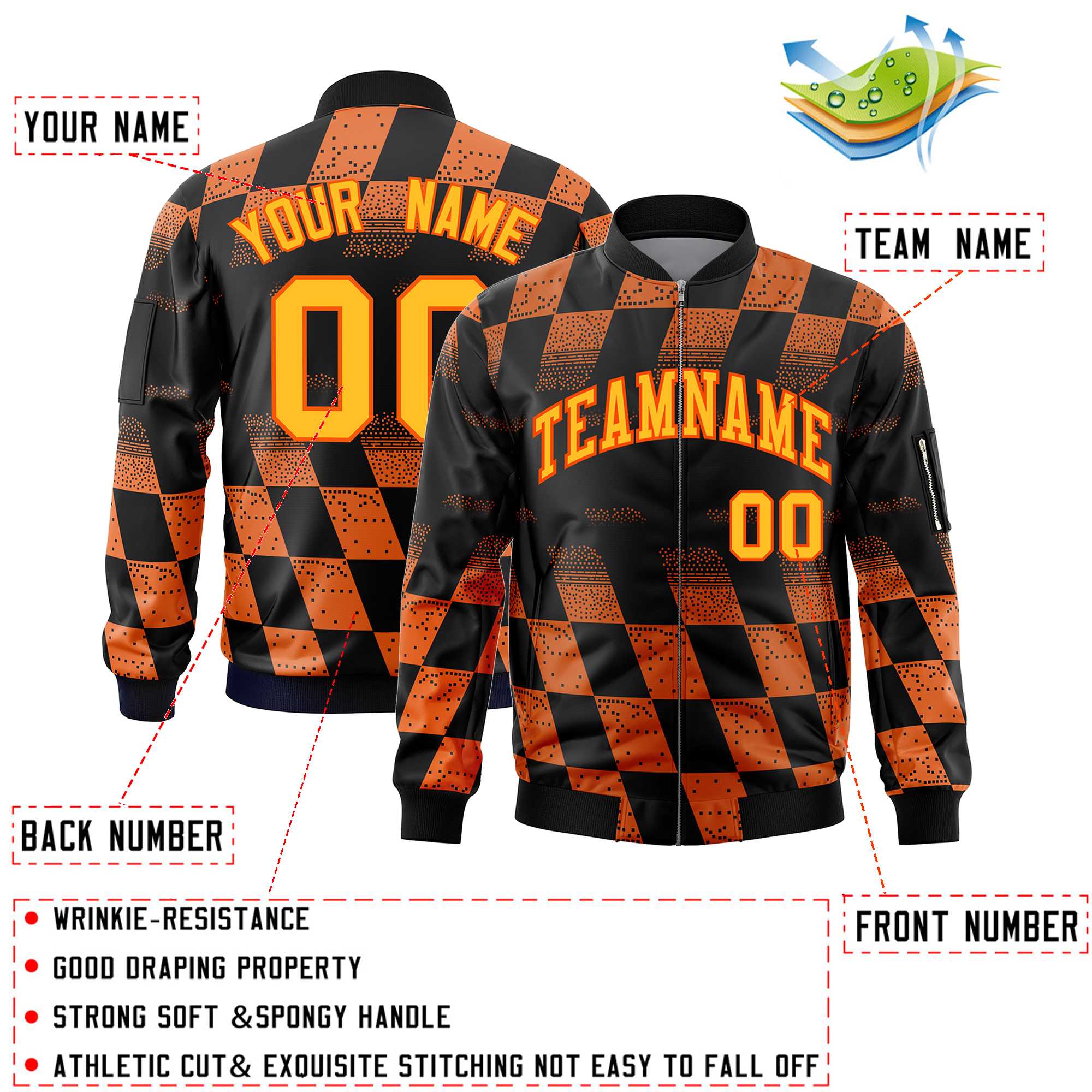 Custom Black Orange Grid Varsity Full-Zip Color Block Letterman Bomber Jacket